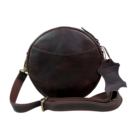 Madosh Stylish Round Crossbody Bag for Women – Small Circular Genuine Leather Purse with Adjustable Strap Brown Side Shoulder Fashion Handbag