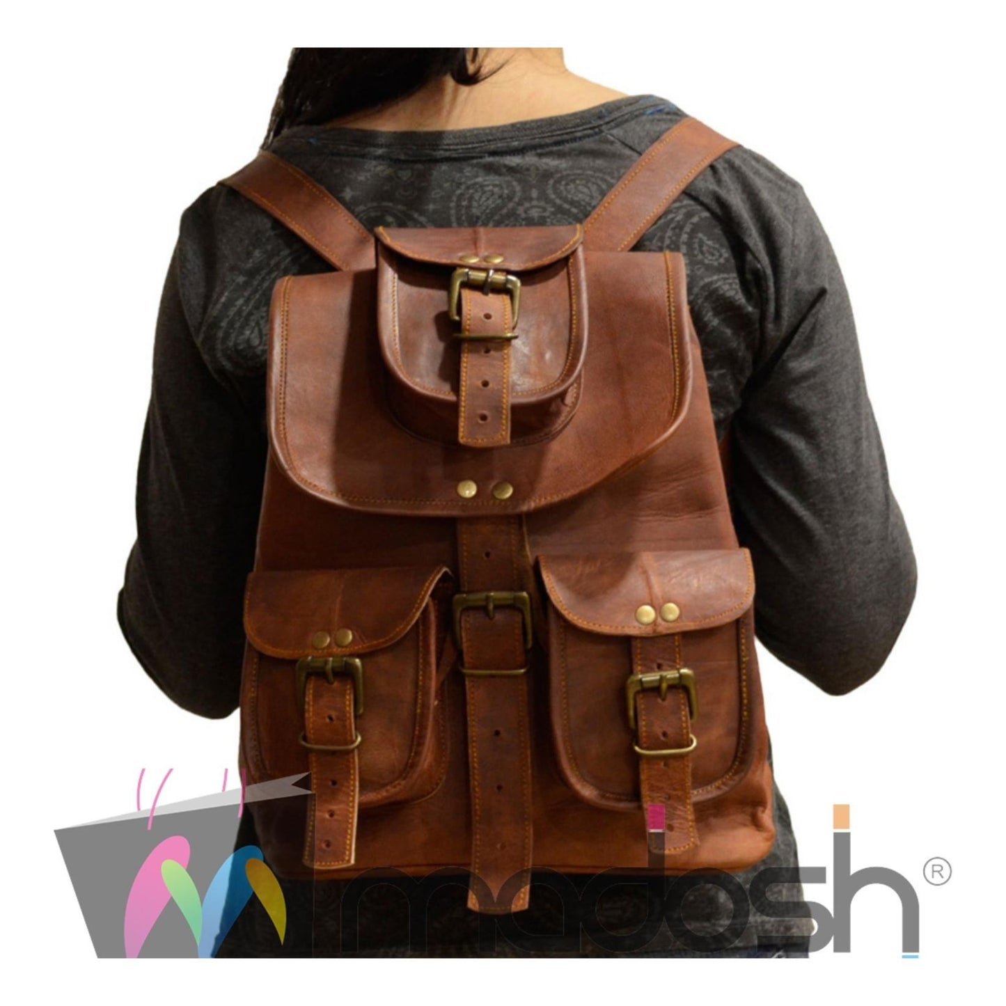 Vintage Hiking Daypack Genuine Brown Leather Shoulder Bag Travel Backpack