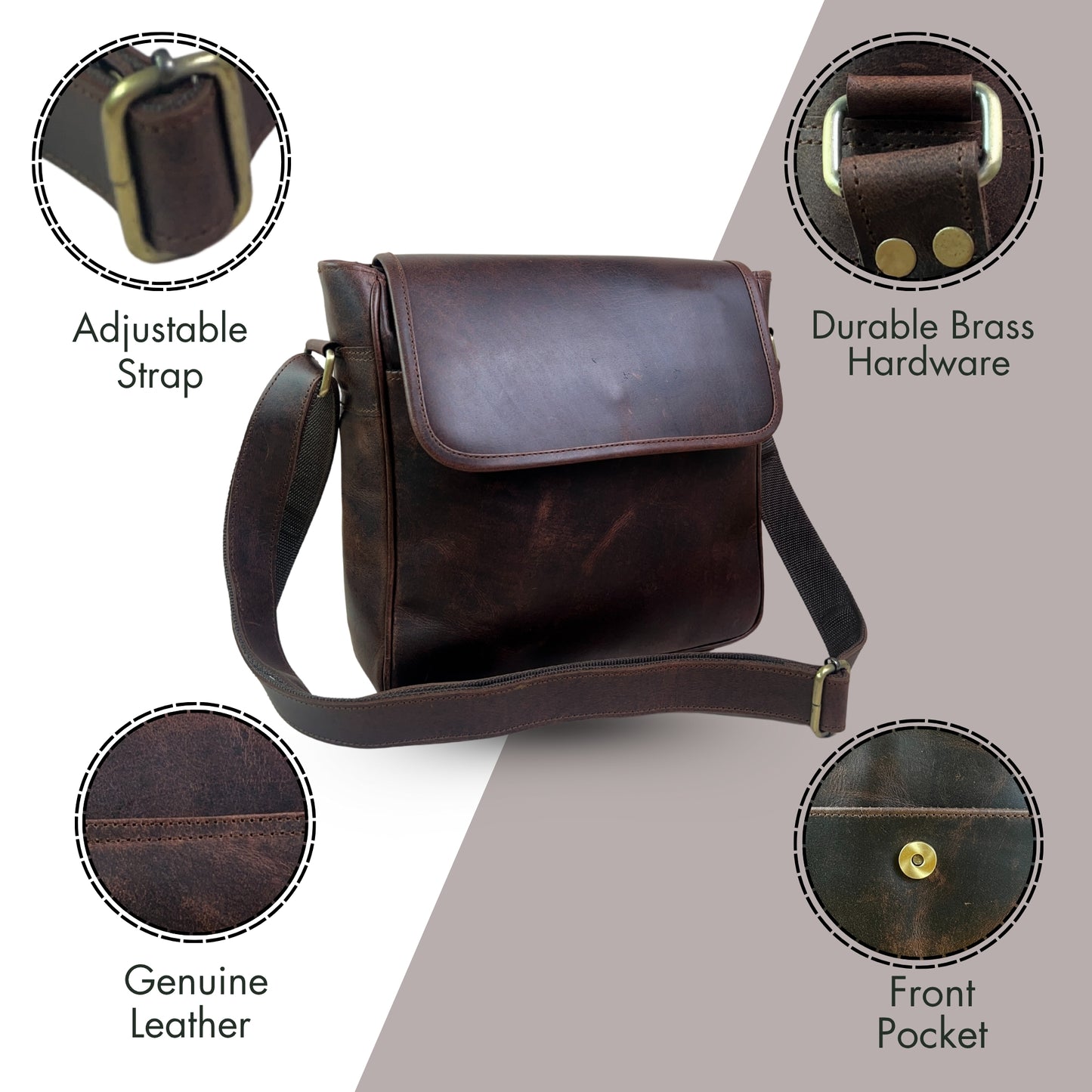 Madosh Genuine Leather Crossbody Bag Women Shoulder Messenger Purse Satchel Brown