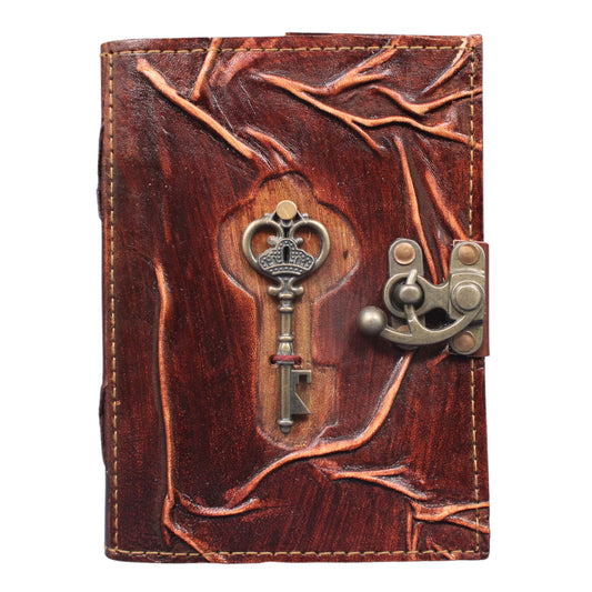 Genuine Leather Journal with Lock and Key – 7x5" Tree Branch Embossed Writing Notebook with 200 Unlined Pages – Handmade Diary with Clasp Lock – For Writing, Drawing & Gifting