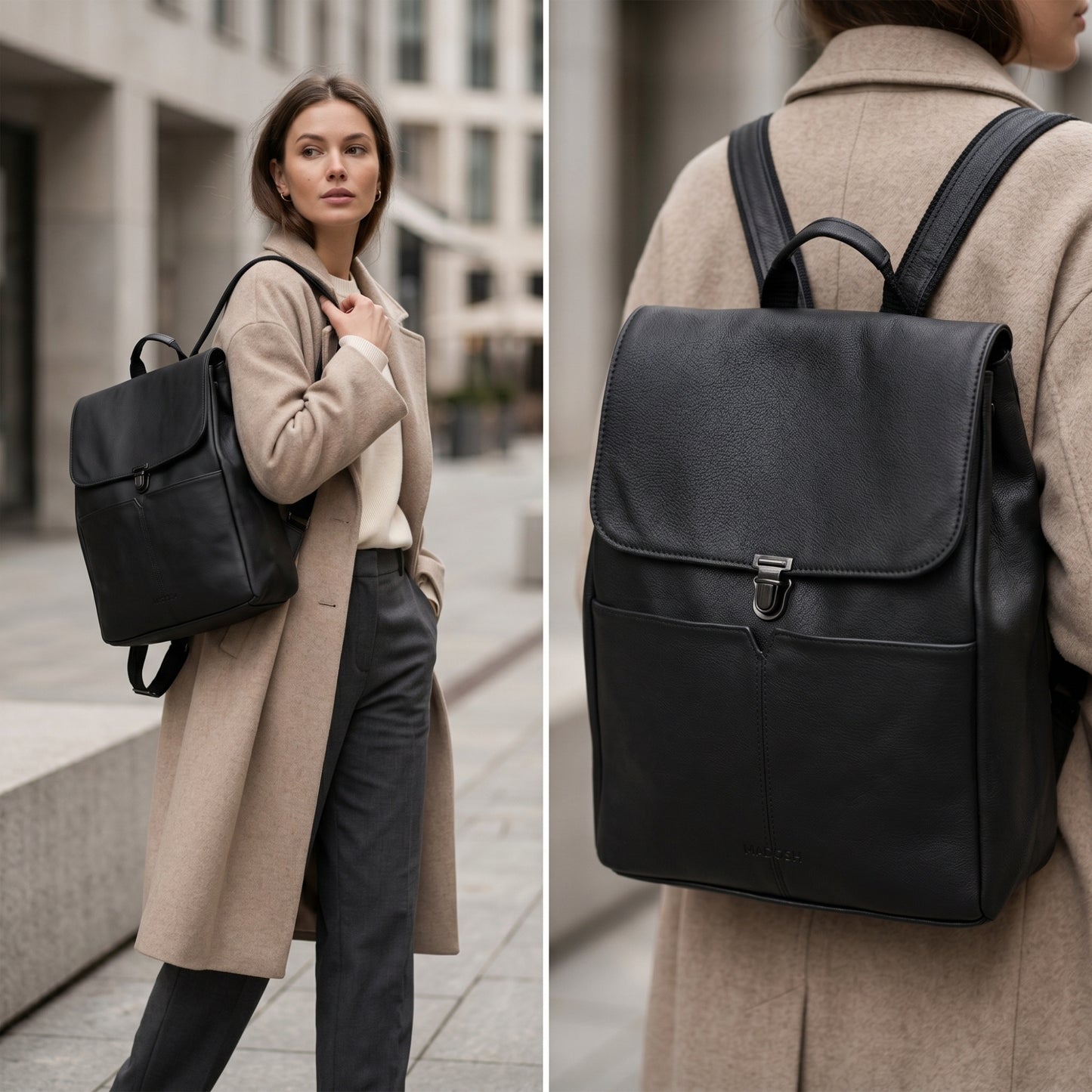 Madosh Black Genuine Leather Unisex Backpack Casual Travel Rucksack Daypack