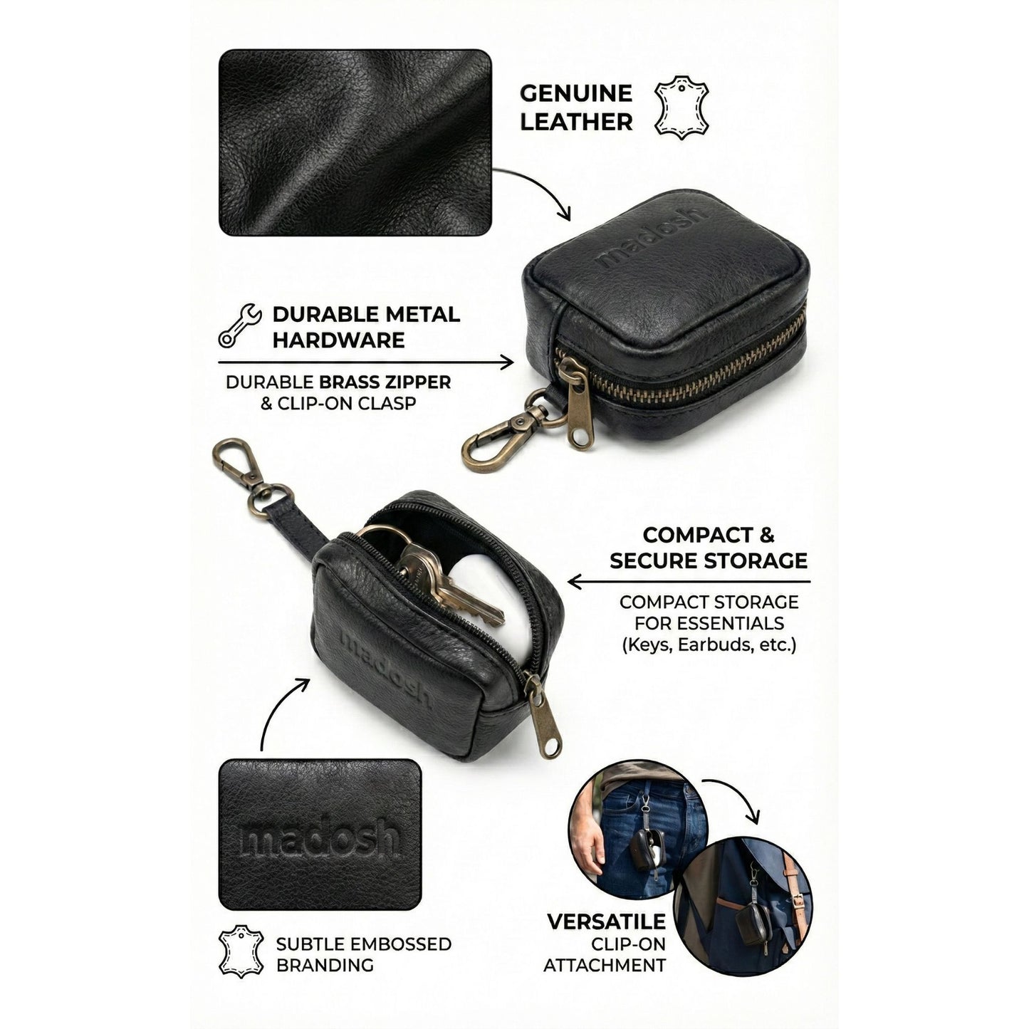 Genuine Leather Small Pouch with Zipper, Compact Key Holder Case with Brass Clip, Mini Storage Bag for Coins, Earbuds and Small Essentials (Black)