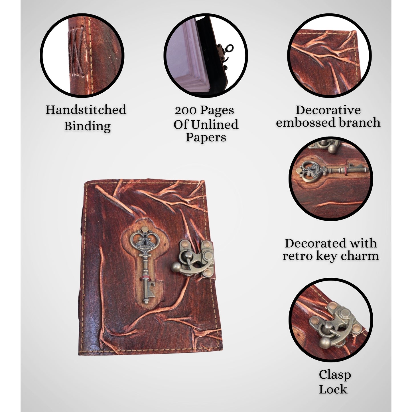 Genuine Leather Journal with Lock and Key – 7x5" Tree Branch Embossed Writing Notebook with 200 Unlined Pages – Handmade Diary with Clasp Lock – For Writing, Drawing & Gifting