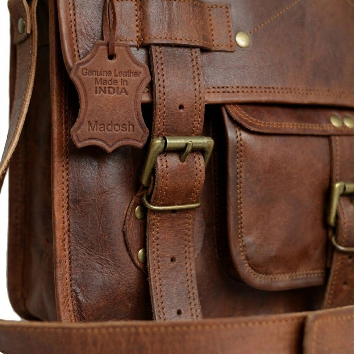 Men's Genuine Leather Brown Briefcase Laptop Crossbody Office Bag