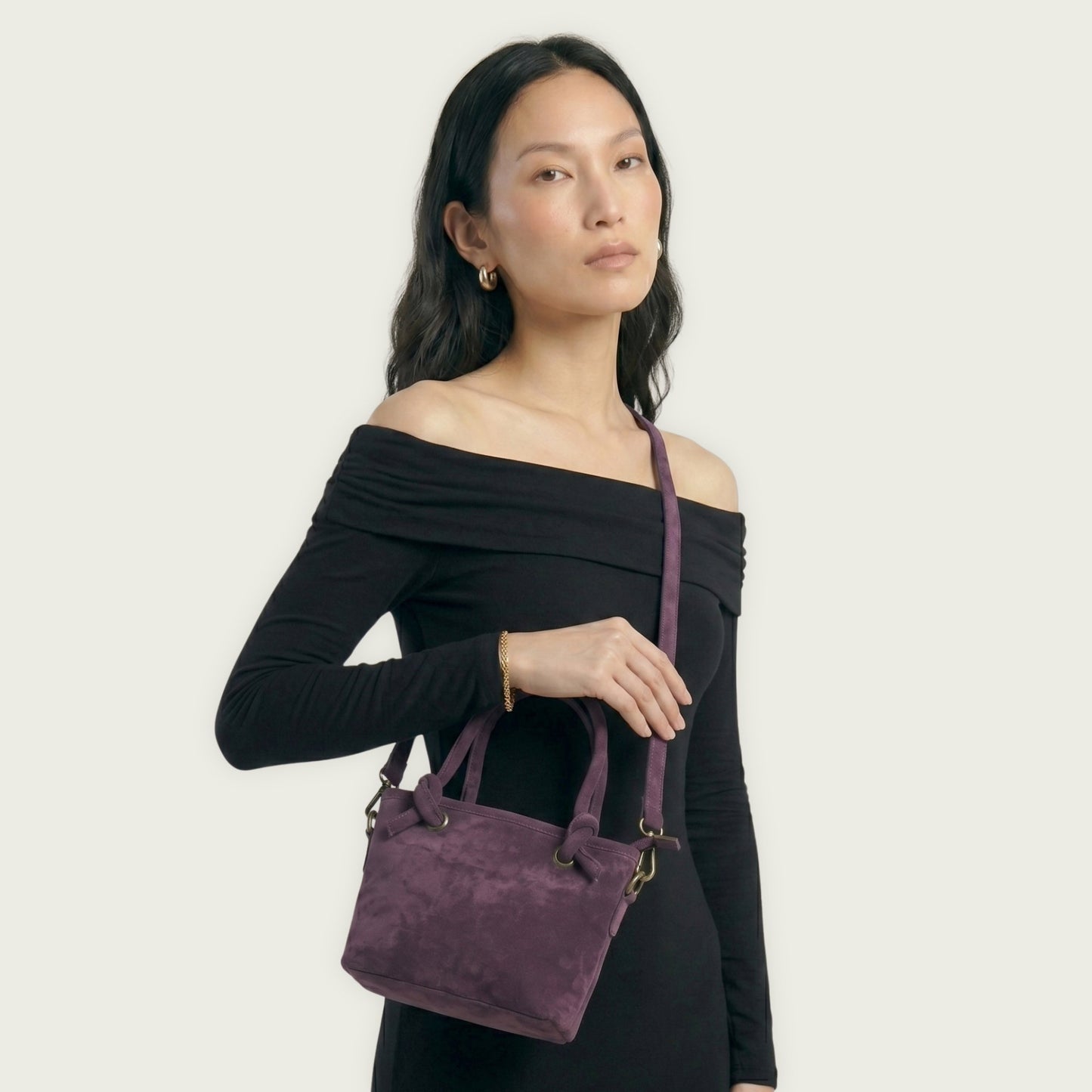 Plum Suede Leather Crossbody Handbag Women's Mini Tote Purse