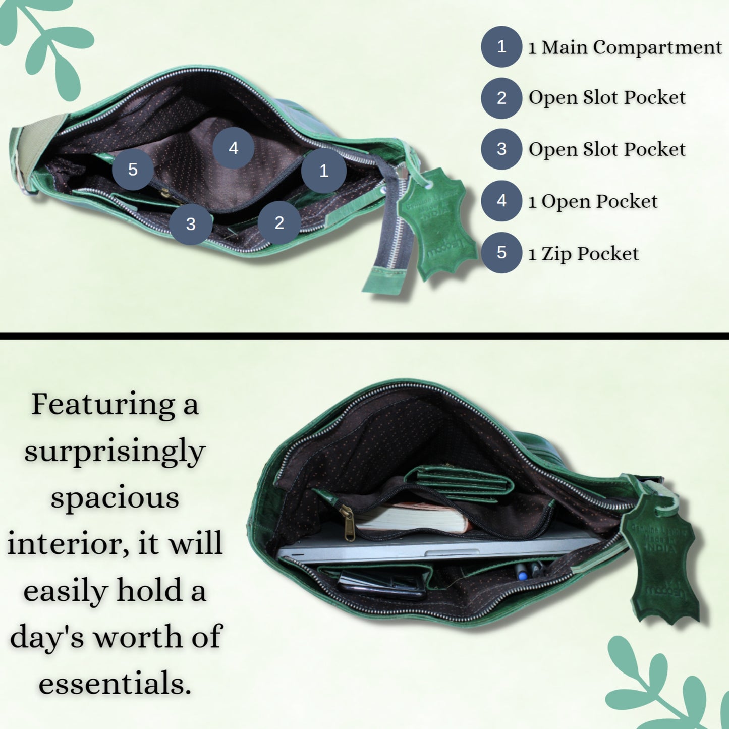 Women's Bucket Style Buffalo Leather Green Shoulder Crossbody Laptop Office Bag