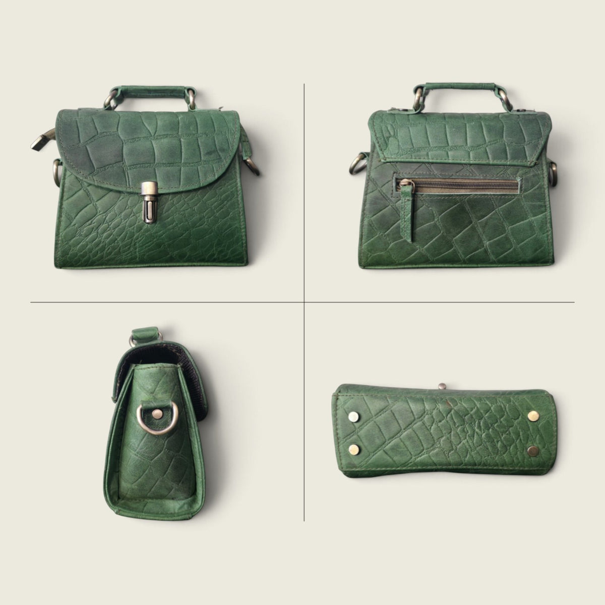 Genuine Leather Women's Crossbody Bag Croc Embossed Top Handle Satchel in Forest green