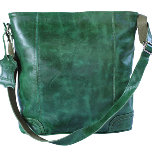 Women's Bucket Style Buffalo Leather Green Shoulder Crossbody Laptop Office Bag