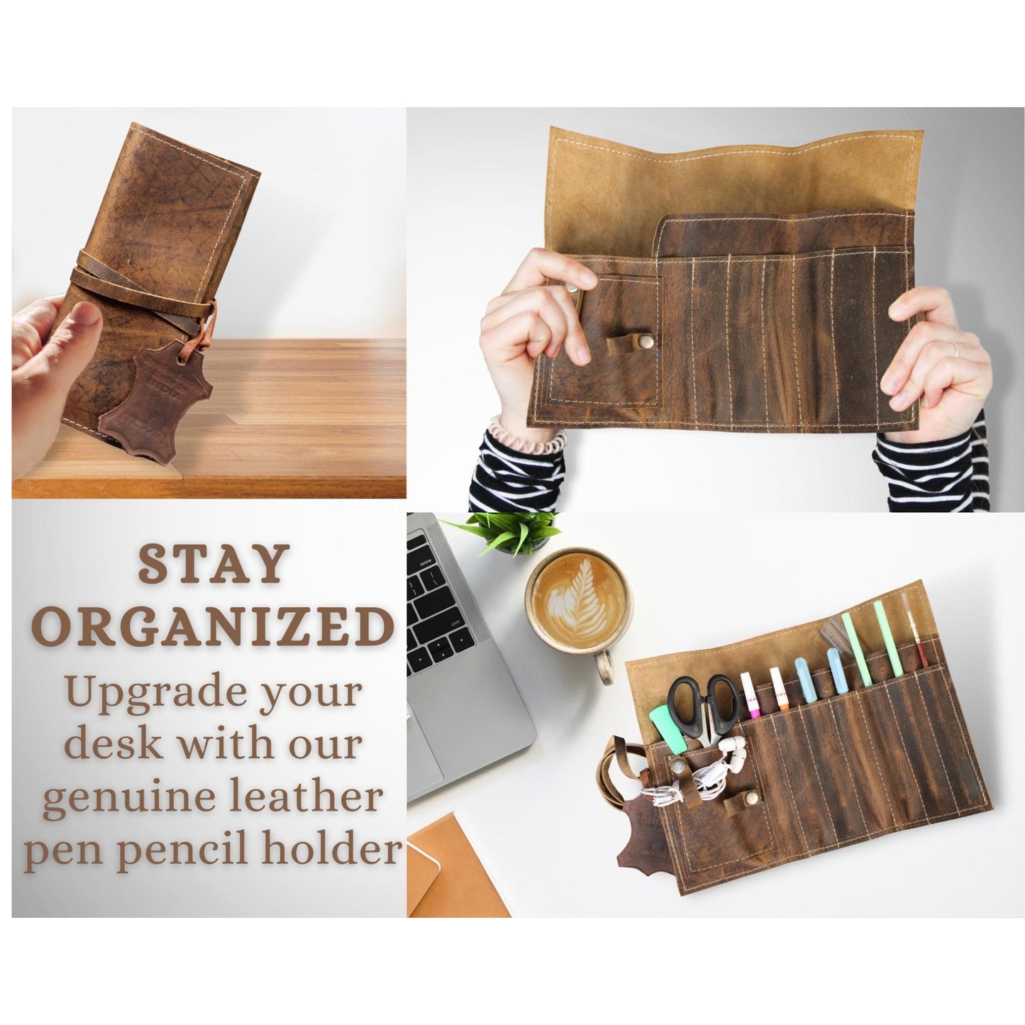 Pencil Roll-Up Holder Genuine Leather Pen Case Brush Pouch Handcrafted Organizer