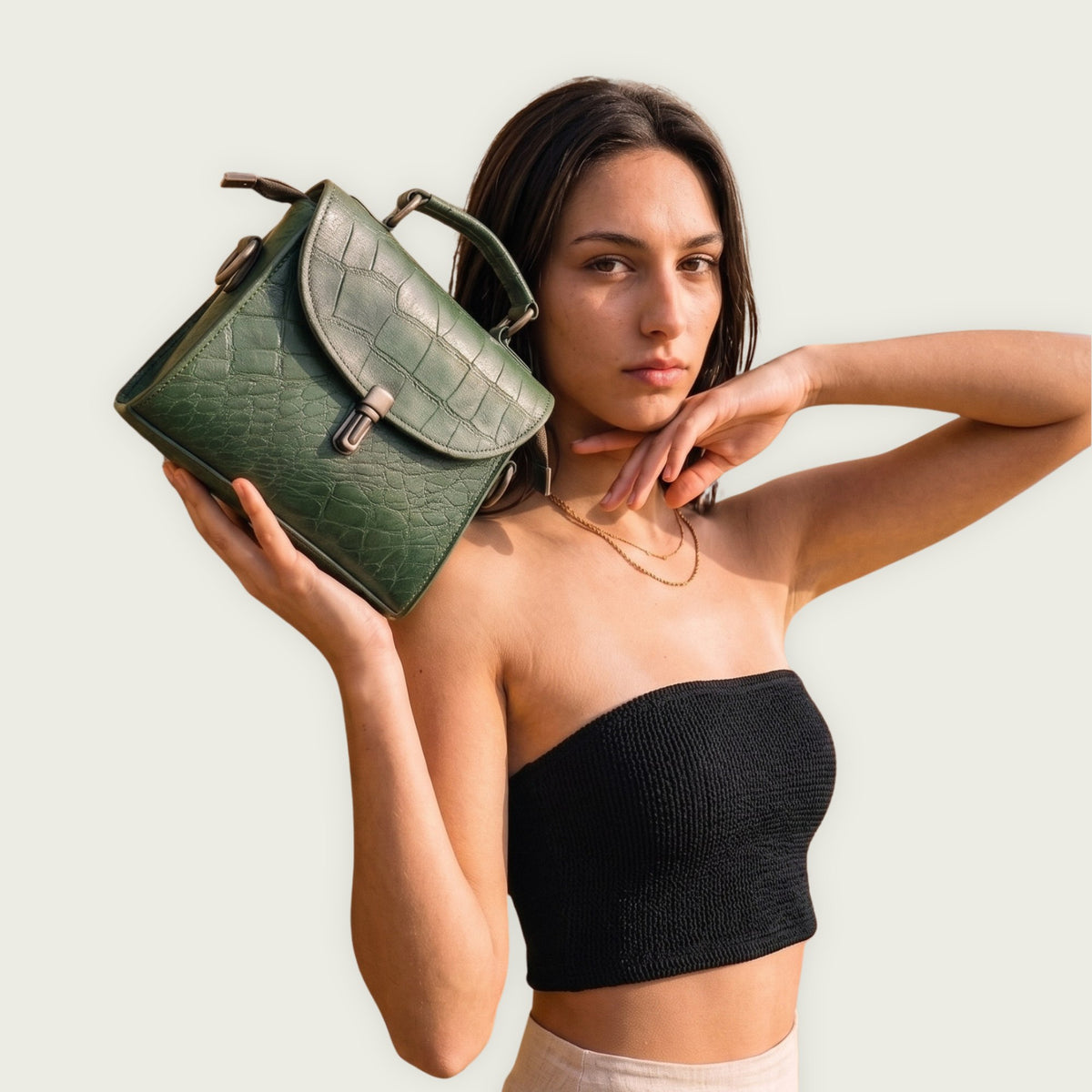 Genuine Leather Women's Crossbody Bag Croc Embossed Top Handle Satchel in Forest green