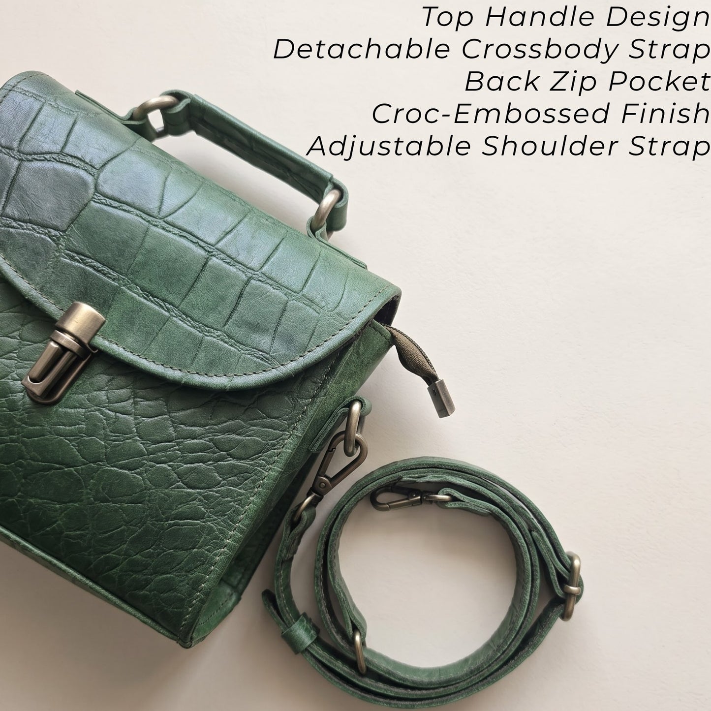 Genuine Leather Women's Crossbody Bag Croc Embossed Top Handle Satchel in Forest green