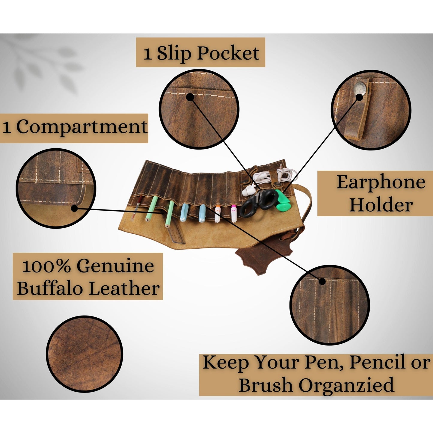 Pencil Roll-Up Holder Genuine Leather Pen Case Brush Pouch Handcrafted Organizer