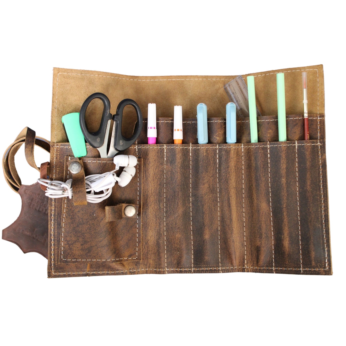 Pencil Roll-Up Holder Genuine Leather Pen Case Brush Pouch Handcrafted Organizer