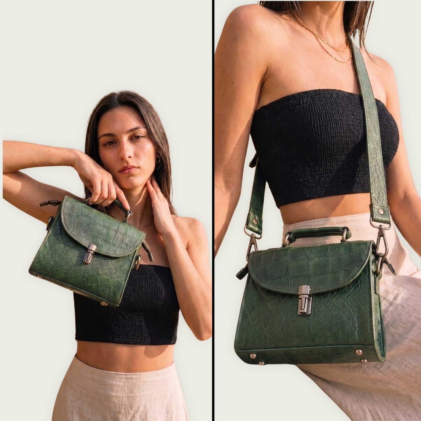 Genuine Leather Women's Crossbody Bag Croc Embossed Top Handle Satchel in Forest green