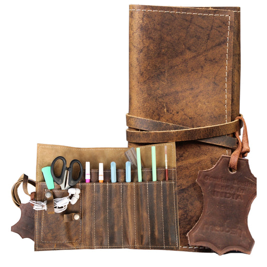 Pencil Roll-Up Holder Genuine Leather Pen Case Brush Pouch Handcrafted Organizer
