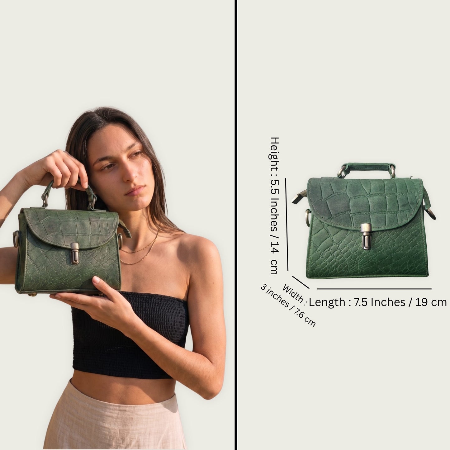 Genuine Leather Women's Crossbody Bag Croc Embossed Top Handle Satchel in Forest green