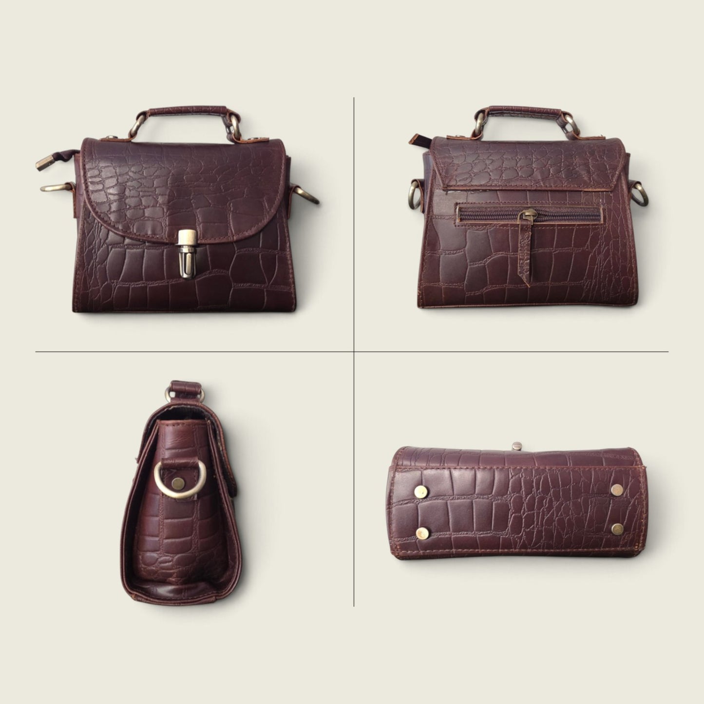Genuine Leather Women's Crossbody Bag Croc Embossed Top Handle Satchel in dark chocolate Brown