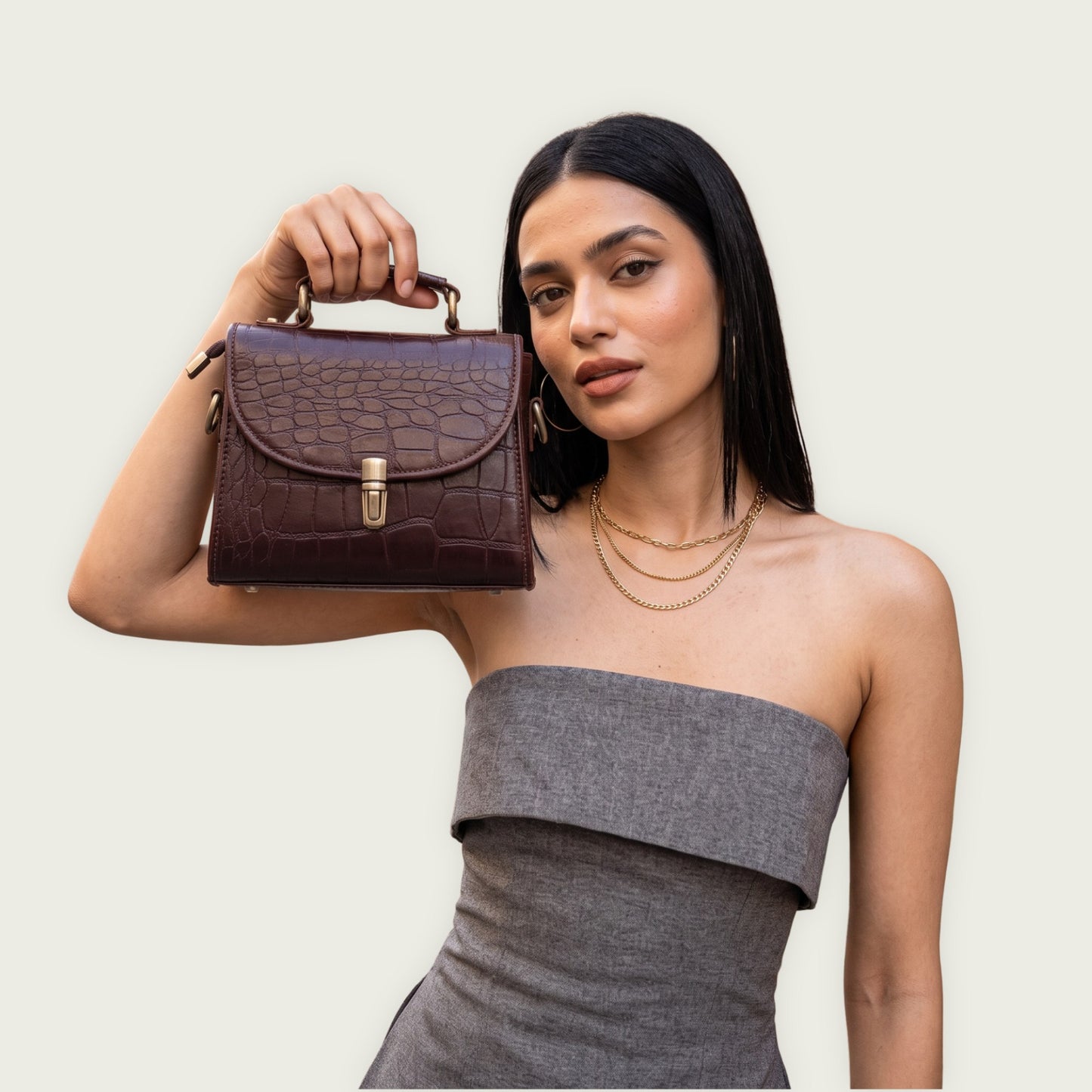 Genuine Leather Women's Crossbody Bag Croc Embossed Top Handle Satchel in dark chocolate Brown