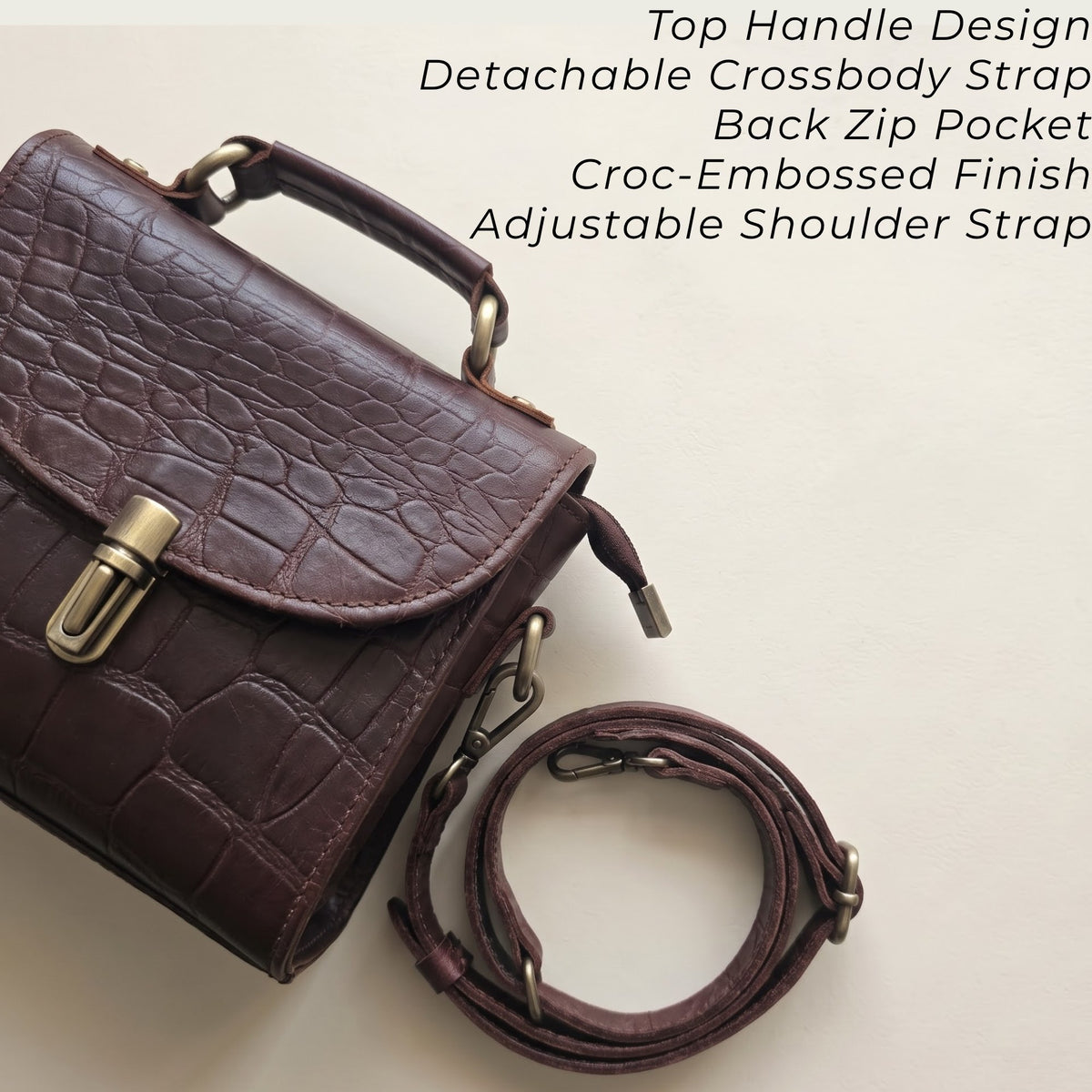 Genuine Leather Women's Crossbody Bag Croc Embossed Top Handle Satchel in dark chocolate Brown