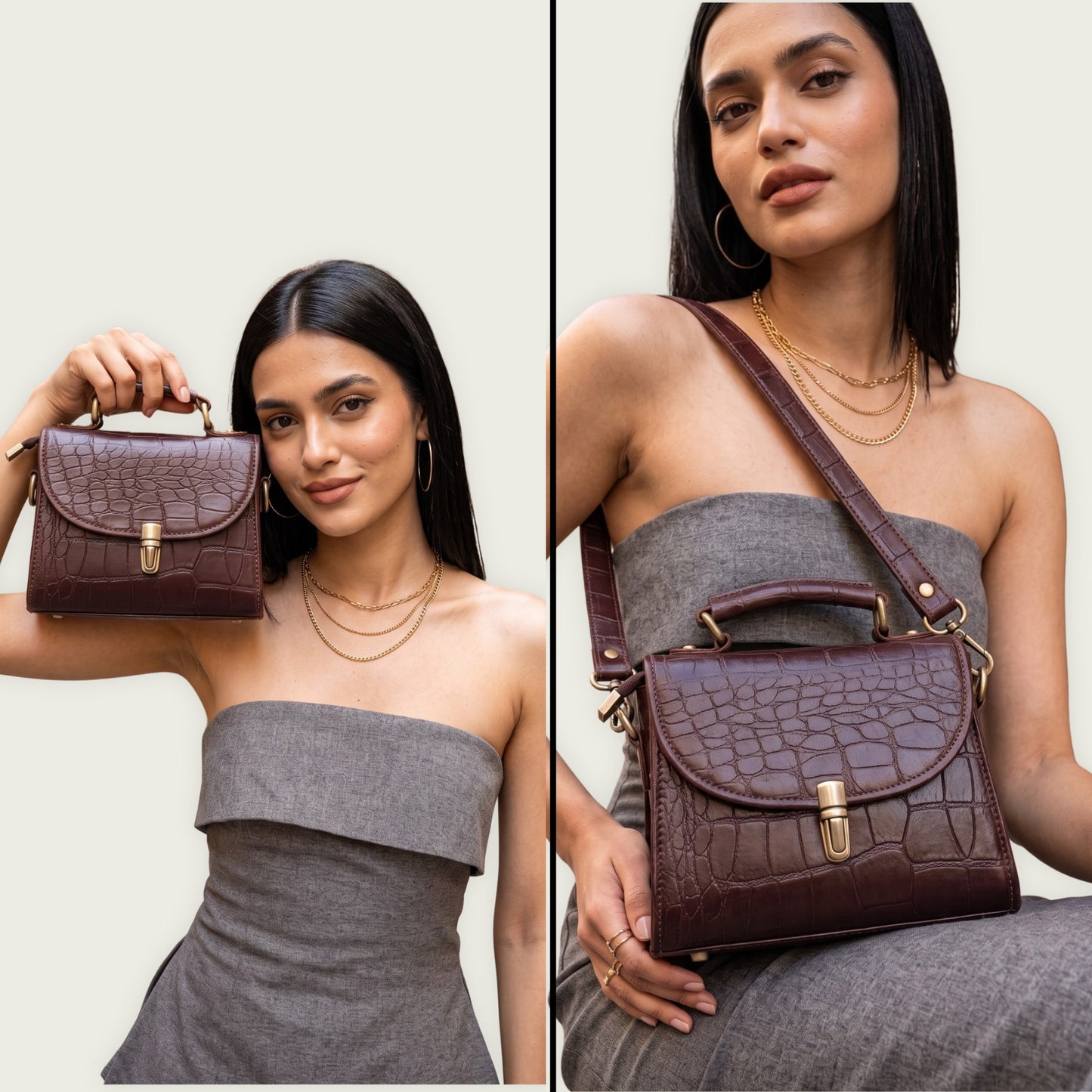 Genuine Leather Women's Crossbody Bag Croc Embossed Top Handle Satchel in dark chocolate Brown