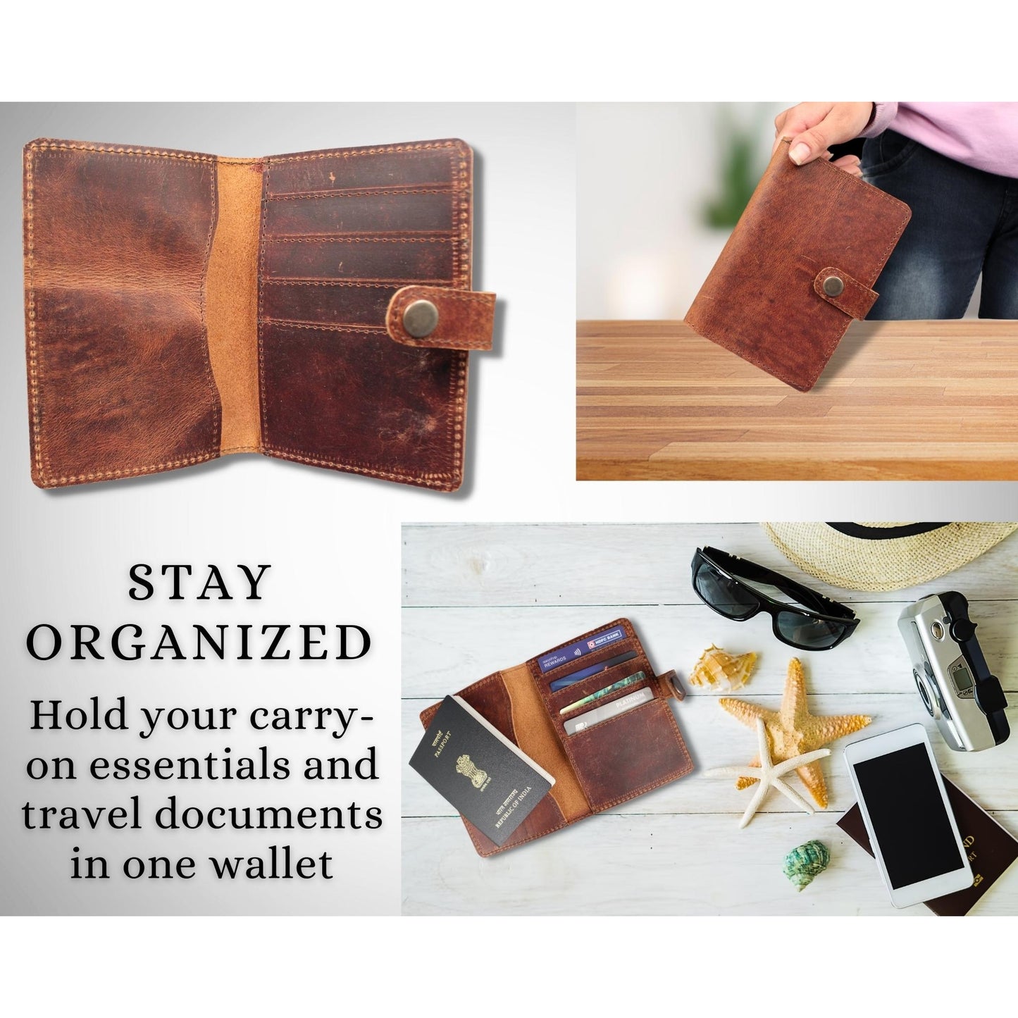 Genuine Leather Passport Cover RFID Blocking Card Holder Brown Travel Wallet
