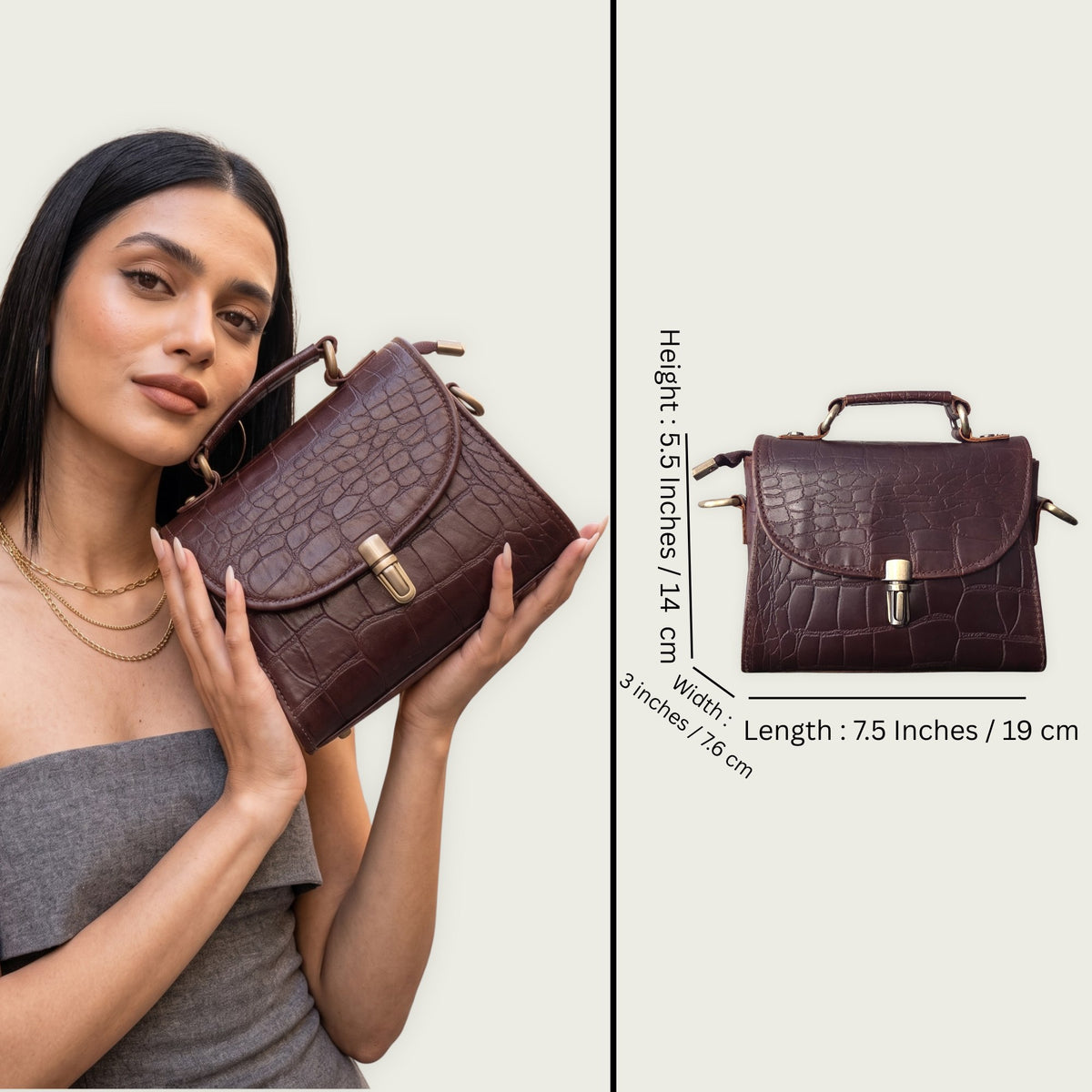 Genuine Leather Women's Crossbody Bag Croc Embossed Top Handle Satchel in dark chocolate Brown