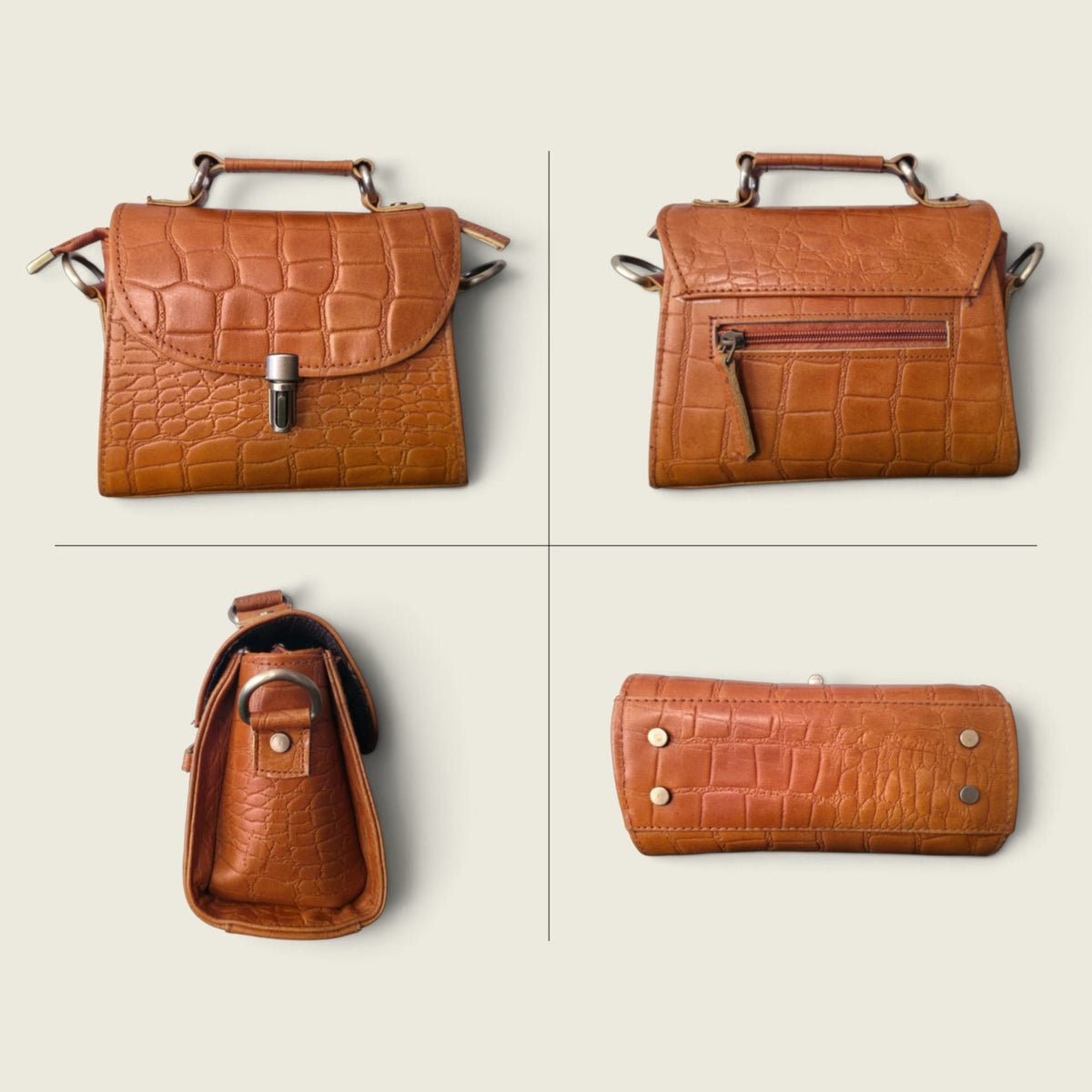 Genuine Leather Women's Crossbody Bag Croc Embossed Top Handle Satchel in Cognac