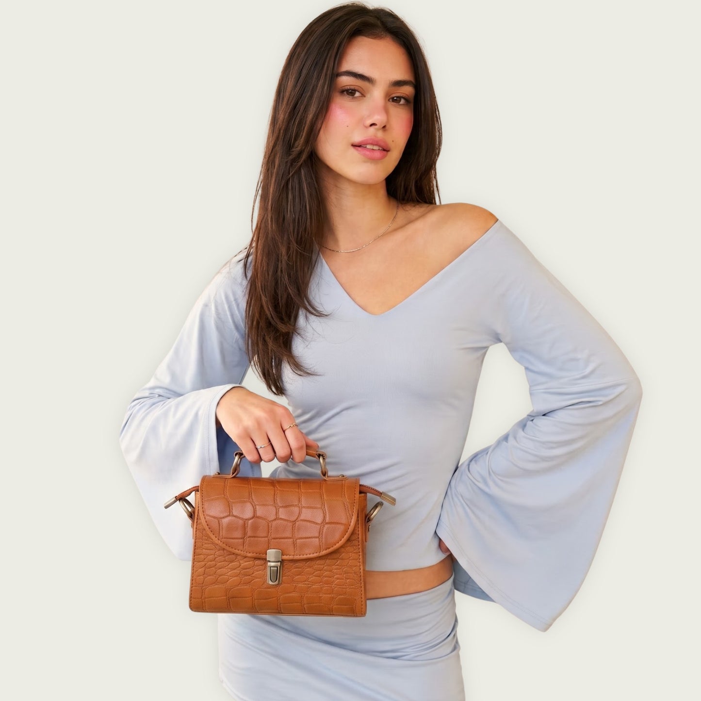 Genuine Leather Women's Crossbody Bag Croc Embossed Top Handle Satchel in Cognac