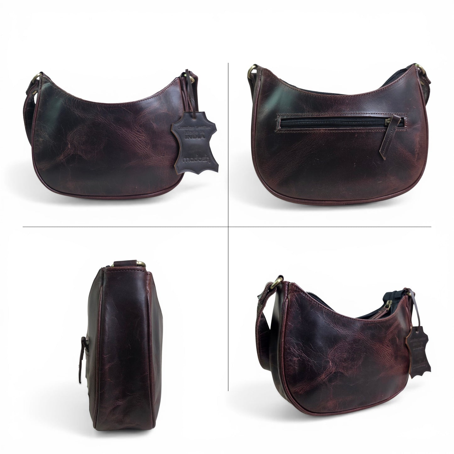 Madosh Genuine Leather Half Moon Crossbody Bag for Women – Small Crescent Shoulder Purse, Minimalist dark Brown Handbag