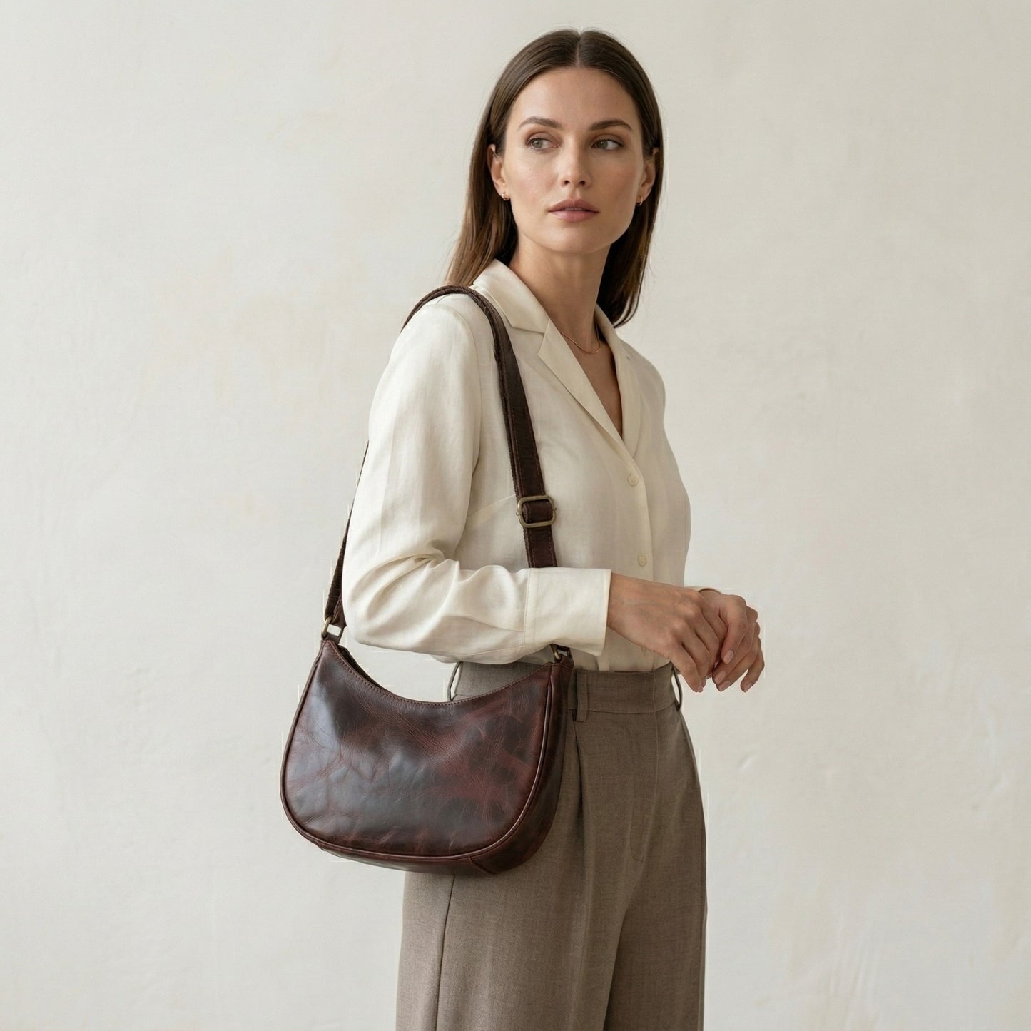 Madosh Genuine Leather Half Moon Crossbody Bag for Women – Small Crescent Shoulder Purse, Minimalist dark Brown Handbag