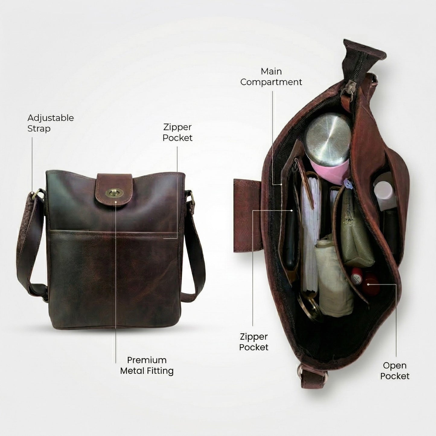 Genuine Leather Brown Crossbody Sling Bag for Women – Handcrafted Shoulder Satchel with Adjustable Strap, Magnetic & Zipper Closure – Stylish Purse for Travel, Work, Office, Daily Use
