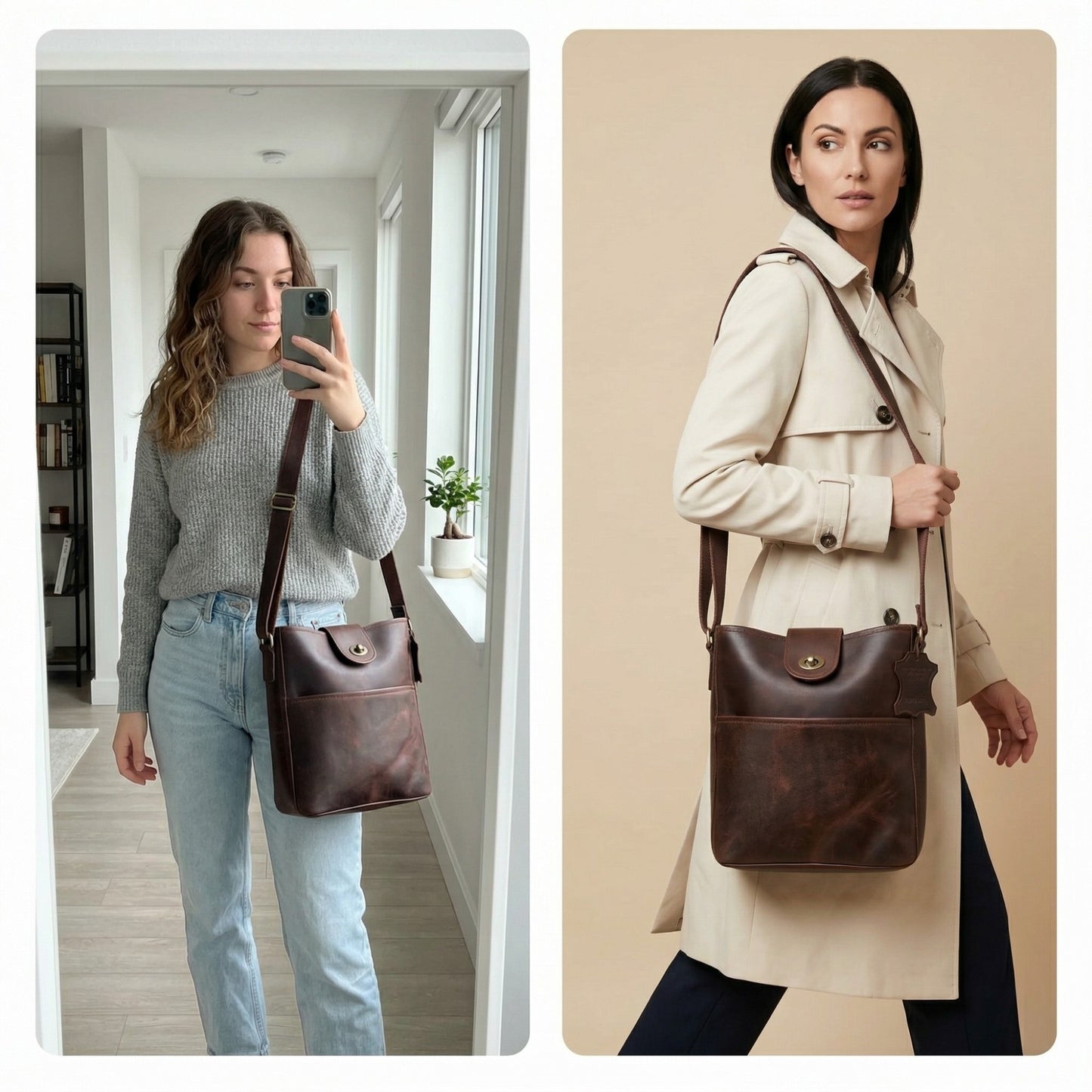 Genuine Leather Brown Crossbody Sling Bag for Women – Handcrafted Shoulder Satchel with Adjustable Strap, Magnetic & Zipper Closure – Stylish Purse for Travel, Work, Office, Daily Use