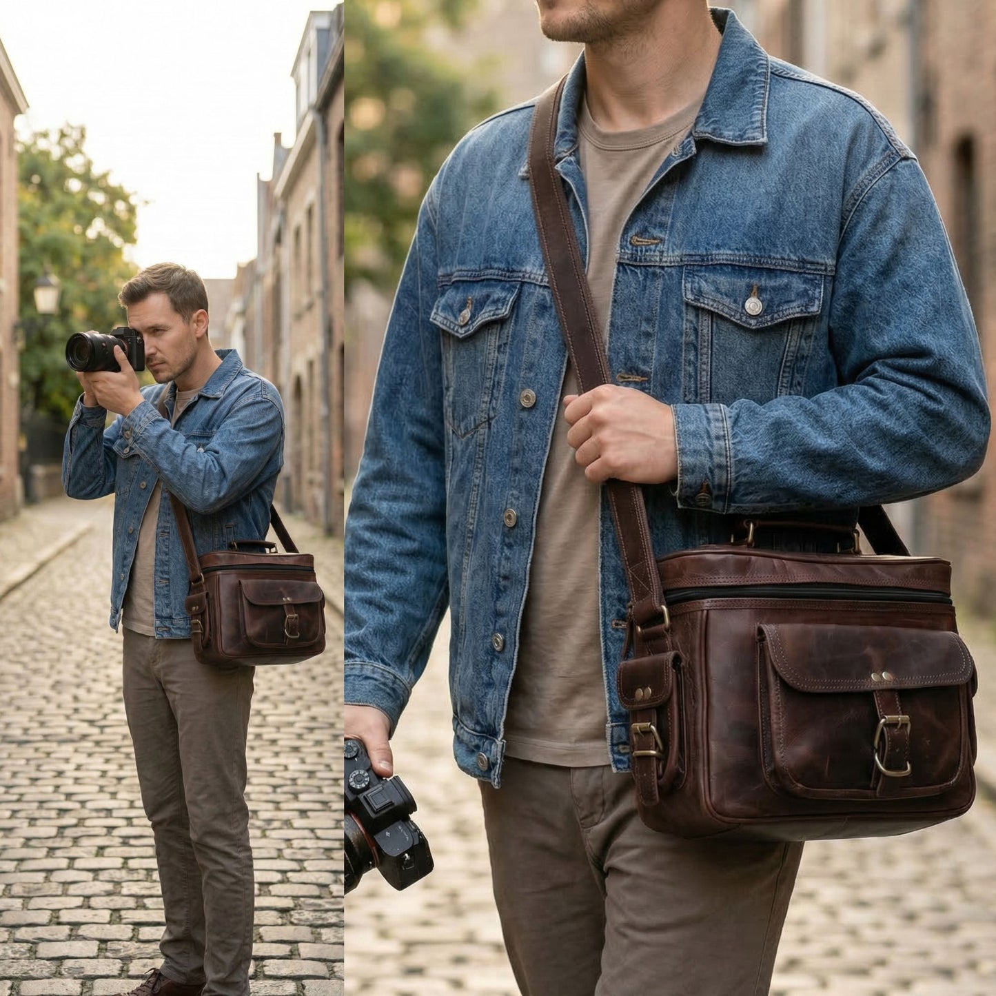 Madosh -Genuine Brown Leather DSLR Camera Bag | Camera Shoulder Messenger Bag Case| Photographer’s DSLR Crossbody Handbag | Camera Carry Top Handle shoulder Bag | Camera Case Bag