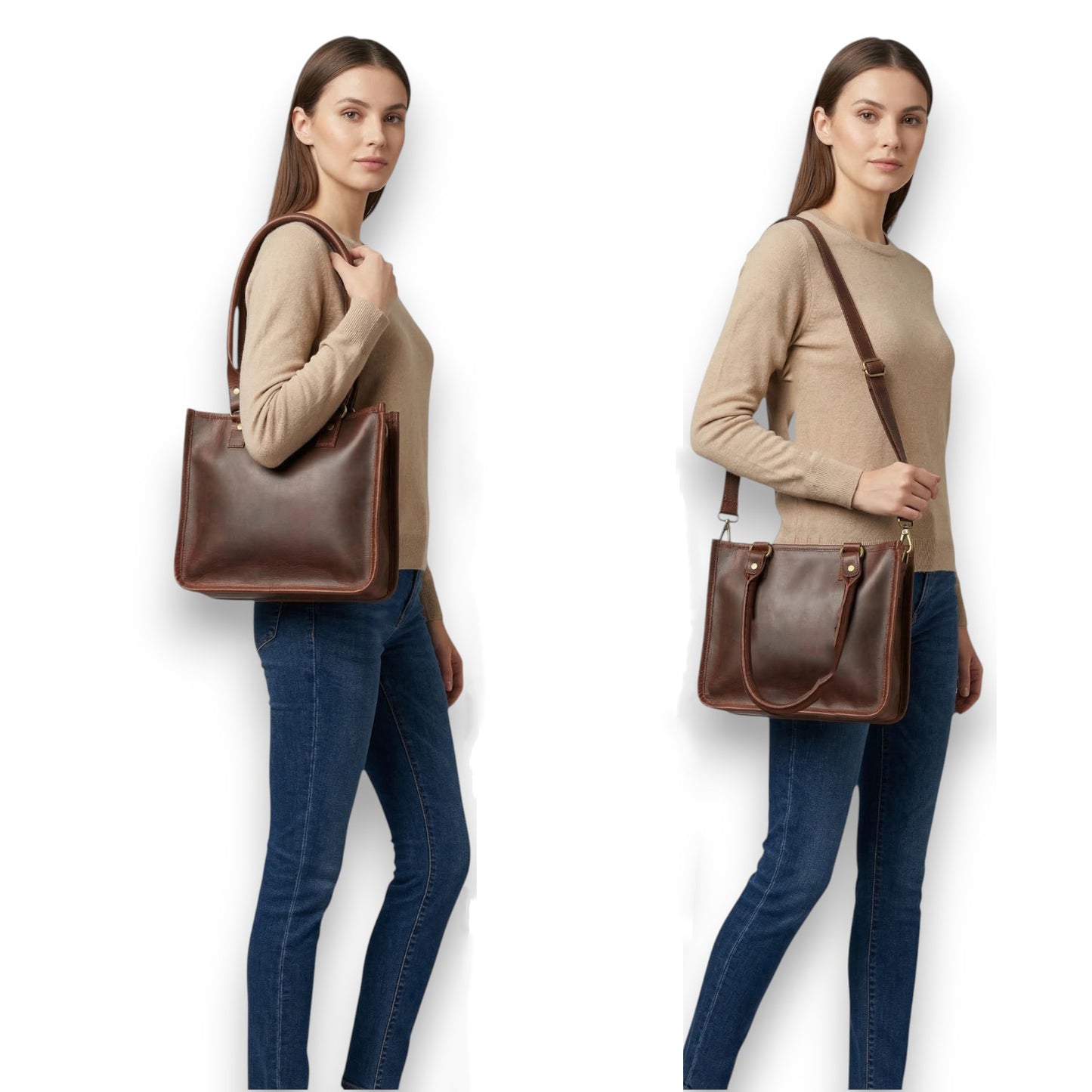 Madosh, Genuine Leather Top Handle Brown Tote Bag Medium Crossbody Sling Satchels Handbags for Women
