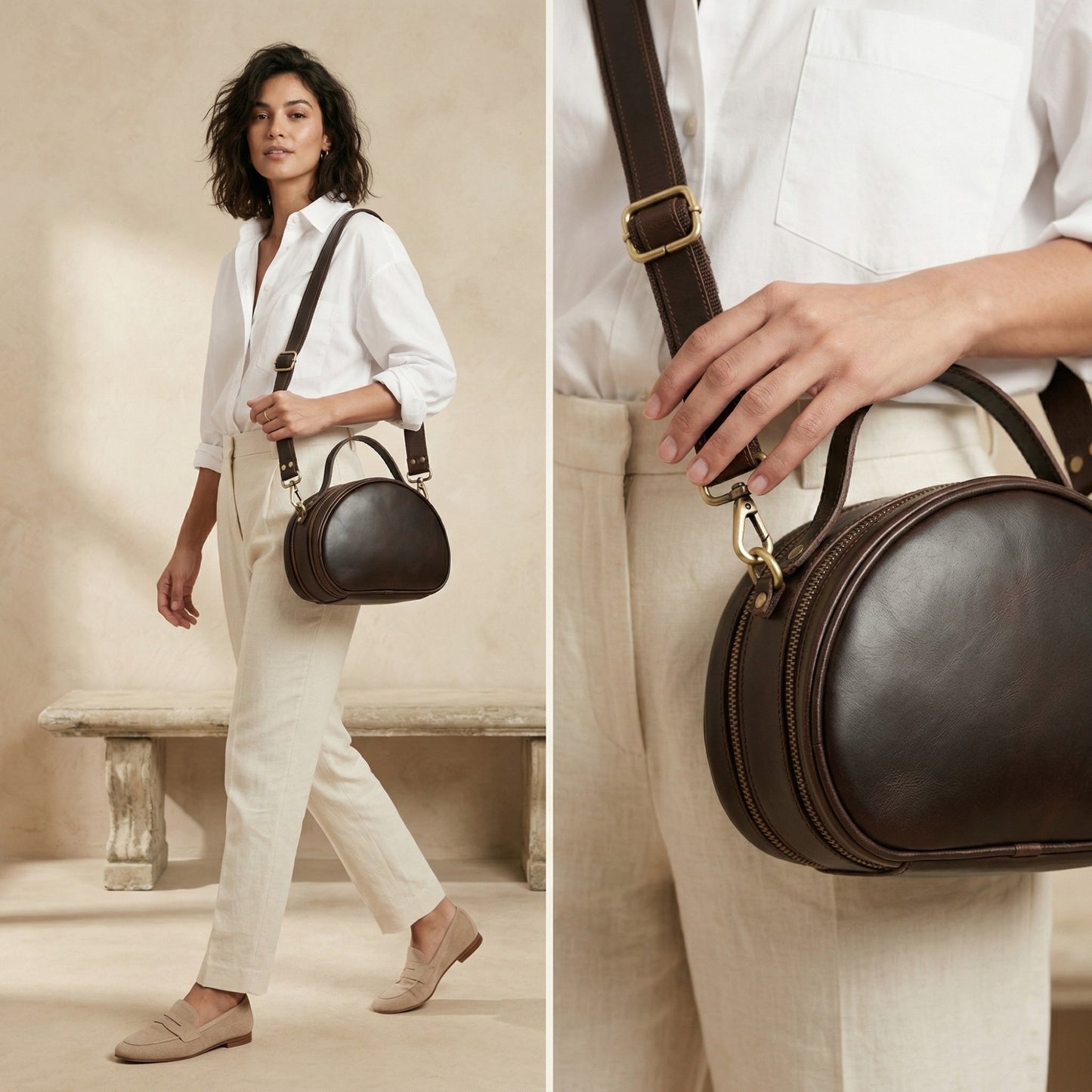Madosh, Genuine Leather Brown Small Semi-Circle Shoulder Crossbody Bag with Top Handle Satchel Handbag for women.