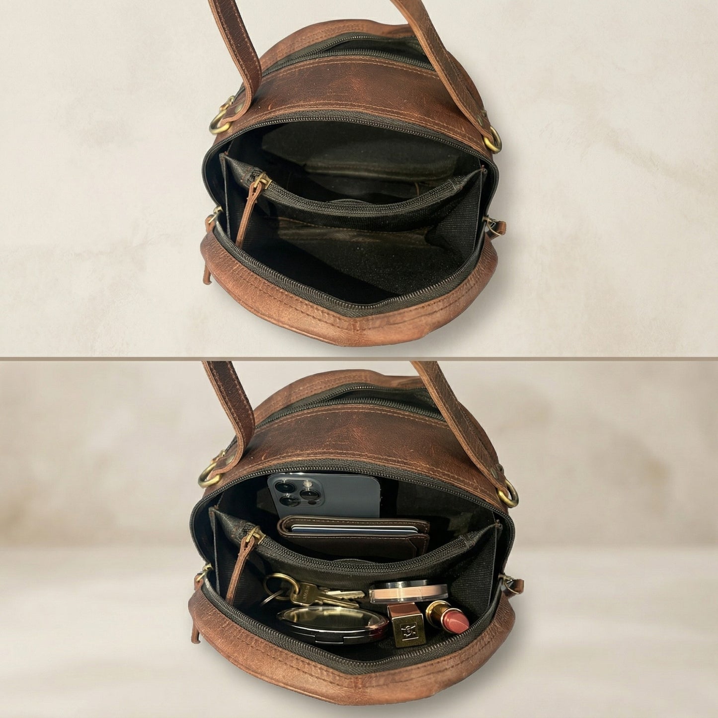 Madosh, Genuine Leather Brown Small Semi-Circle Shoulder Crossbody Bag with Top Handle Satchel Handbag for women.