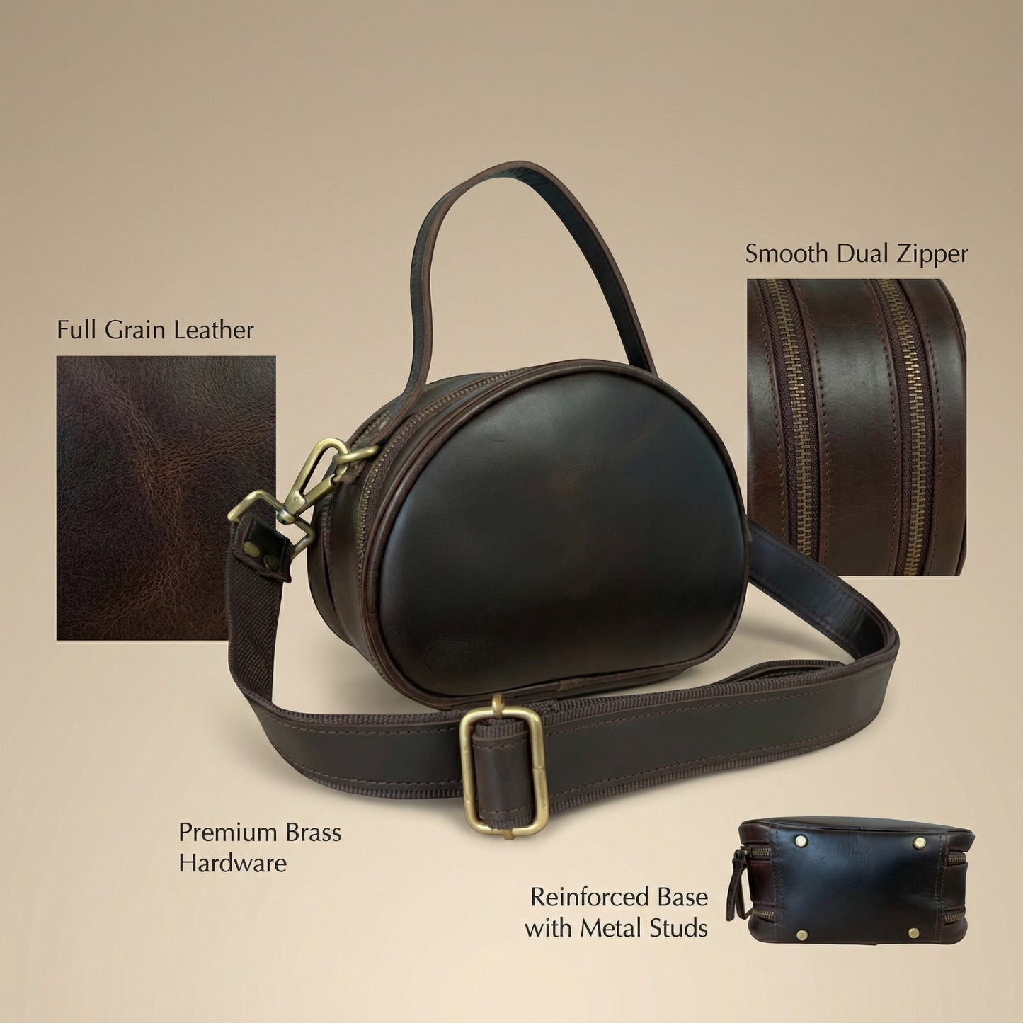 Madosh, Genuine Leather Brown Small Semi-Circle Shoulder Crossbody Bag with Top Handle Satchel Handbag for women.