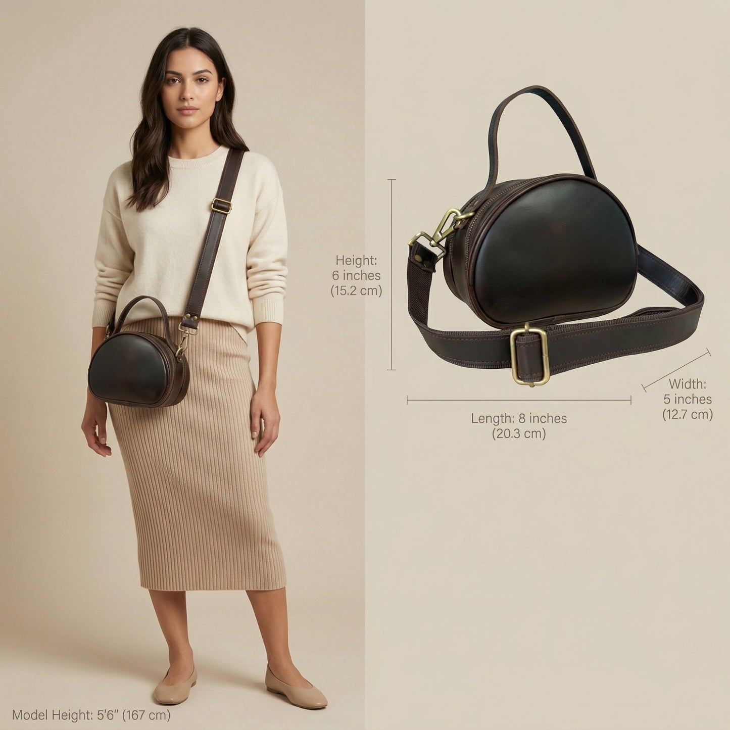 Madosh, Genuine Leather Brown Small Semi-Circle Shoulder Crossbody Bag with Top Handle Satchel Handbag for women.