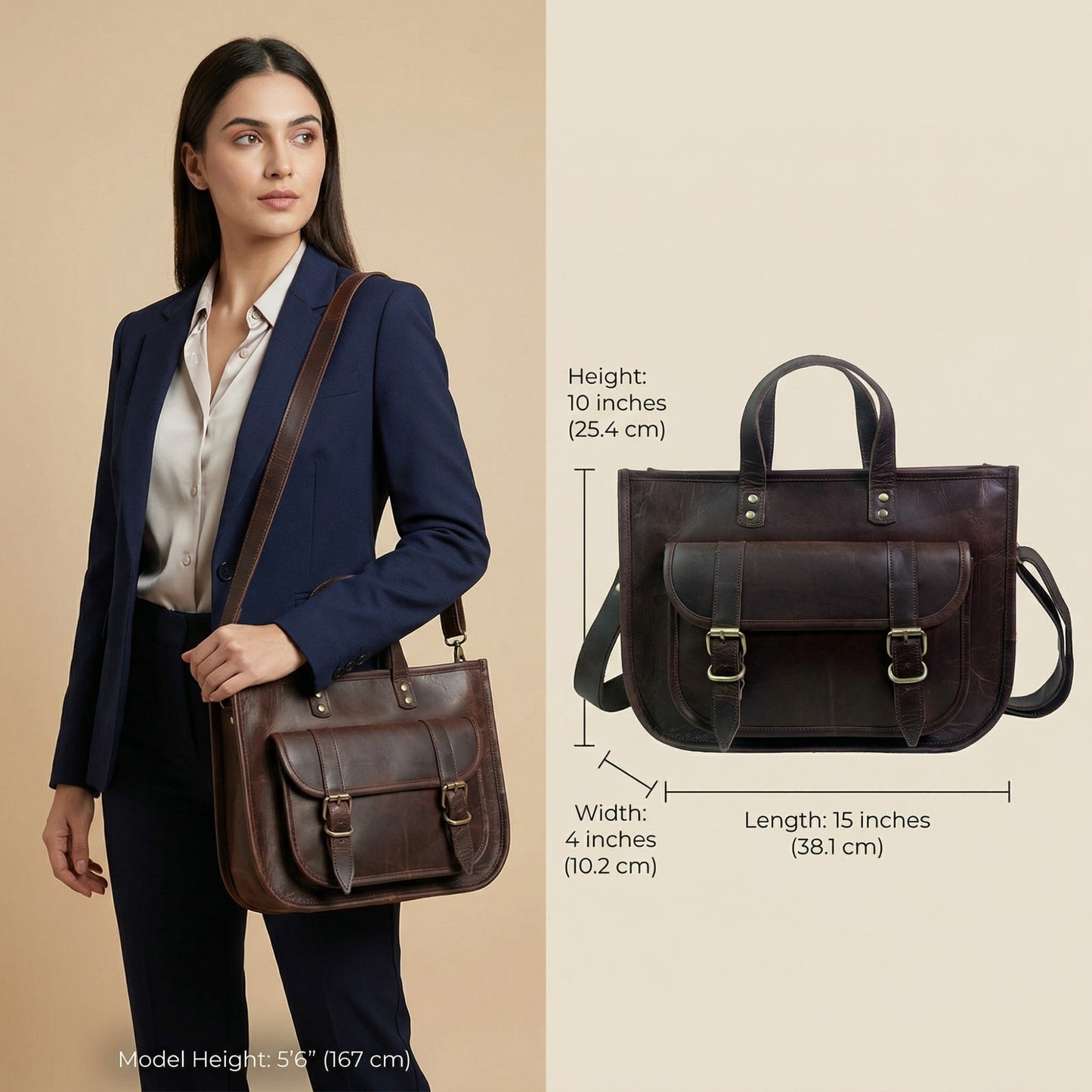 Madosh Genuine Leather Laptop Bag for Women – 15 Inch Tote & Briefcase with Shoulder Strap, Work Office Handbag, Messenger Laptop Bag– Brown