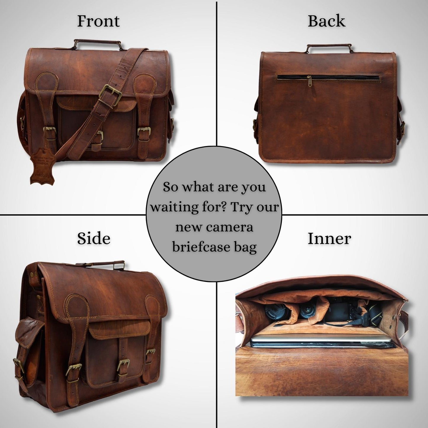Brown Carryall Genuine Leather Office Laptop Camera Lens KIt Photography Bag