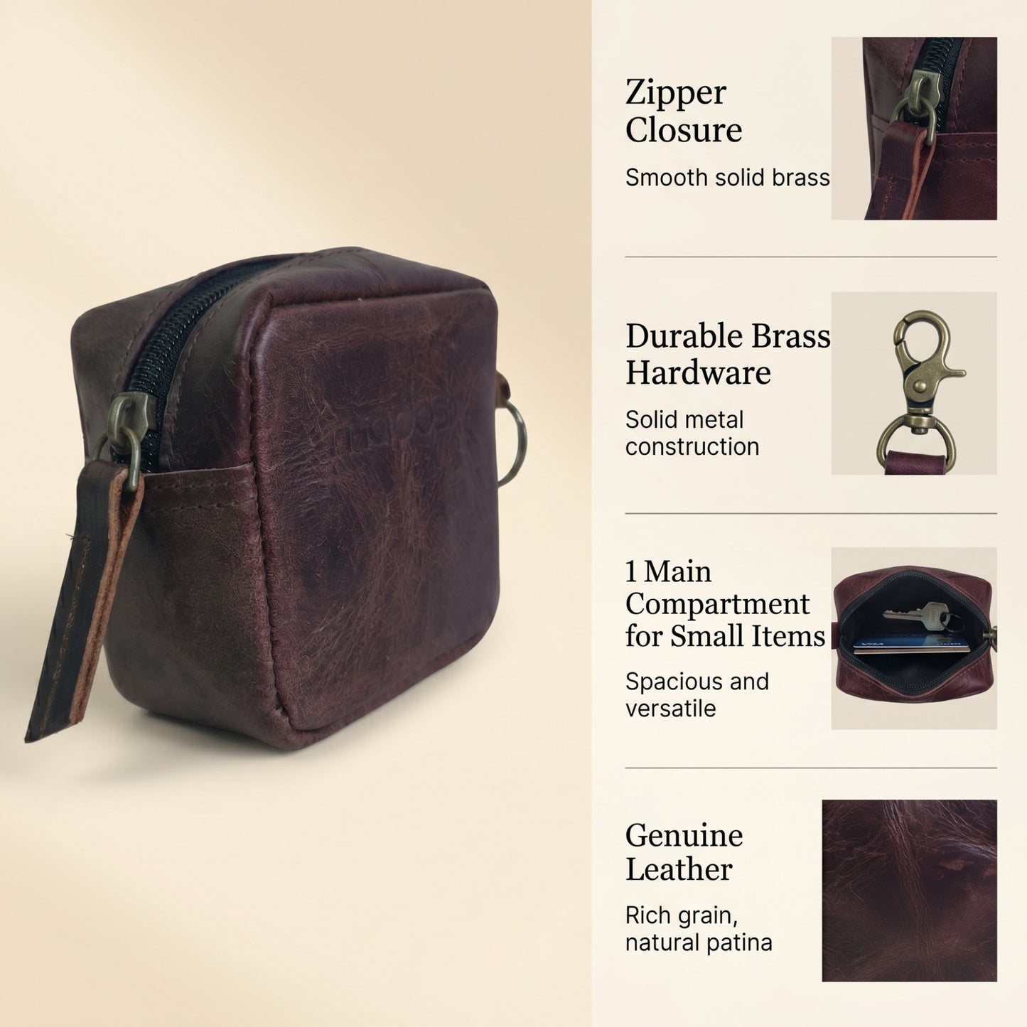 Genuine Leather Small Pouch with Zipper, Compact Key Holder Case with Brass Clip, Mini Storage Bag for Coins, Earbuds and Small Essentials (Dark Brown)