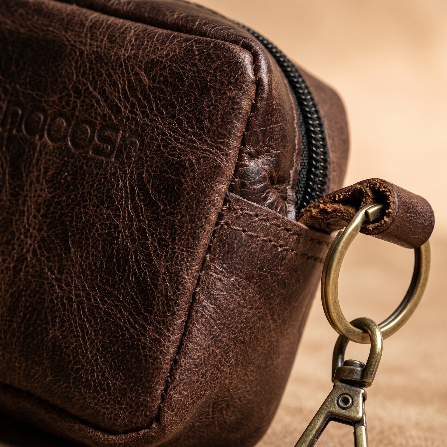 Genuine Leather Small Pouch with Zipper, Compact Key Holder Case with Brass Clip, Mini Storage Bag for Coins, Earbuds and Small Essentials (Dark Brown)