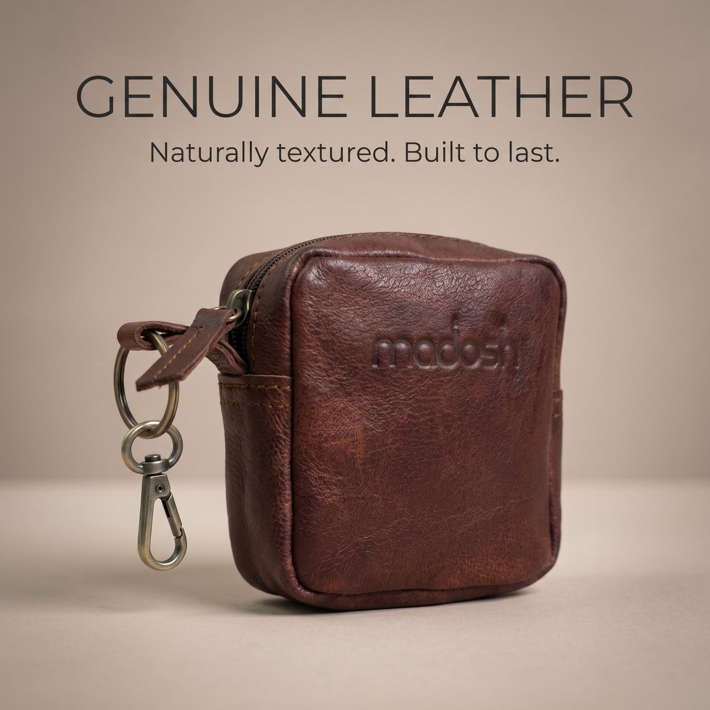 Genuine Leather Small Pouch with Zipper, Compact Key Holder Case with Brass Clip, Mini Storage Bag for Coins, Earbuds and Small Essentials (Brown)