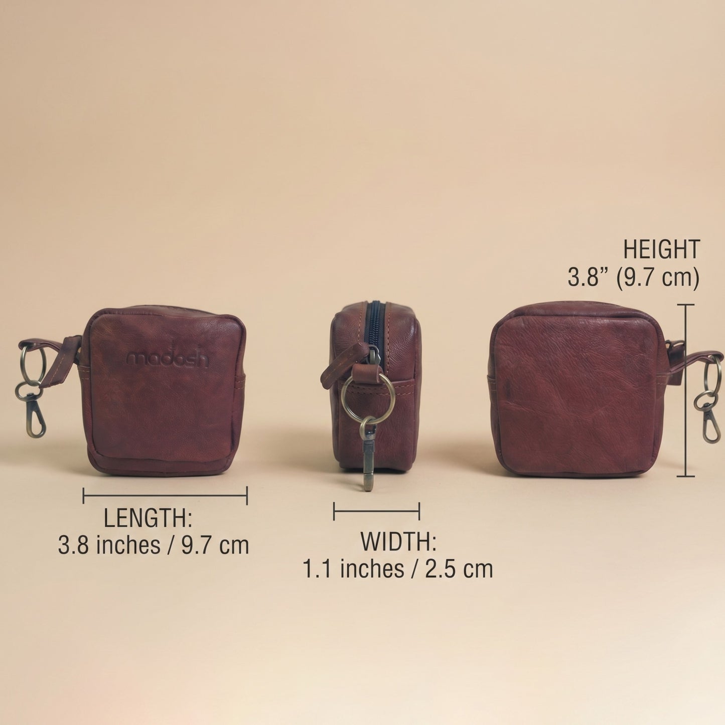 Genuine Leather Small Pouch with Zipper, Compact Key Holder Case with Brass Clip, Mini Storage Bag for Coins, Earbuds and Small Essentials (Brown)