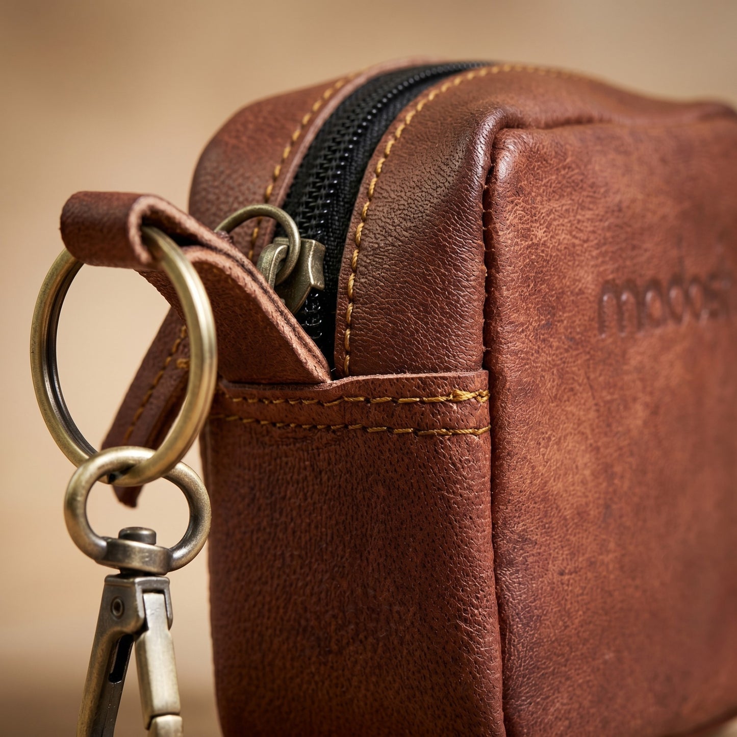 Genuine Leather Small Pouch with Zipper, Compact Key Holder Case with Brass Clip, Mini Storage Bag for Coins, Earbuds and Small Essentials (Brown)
