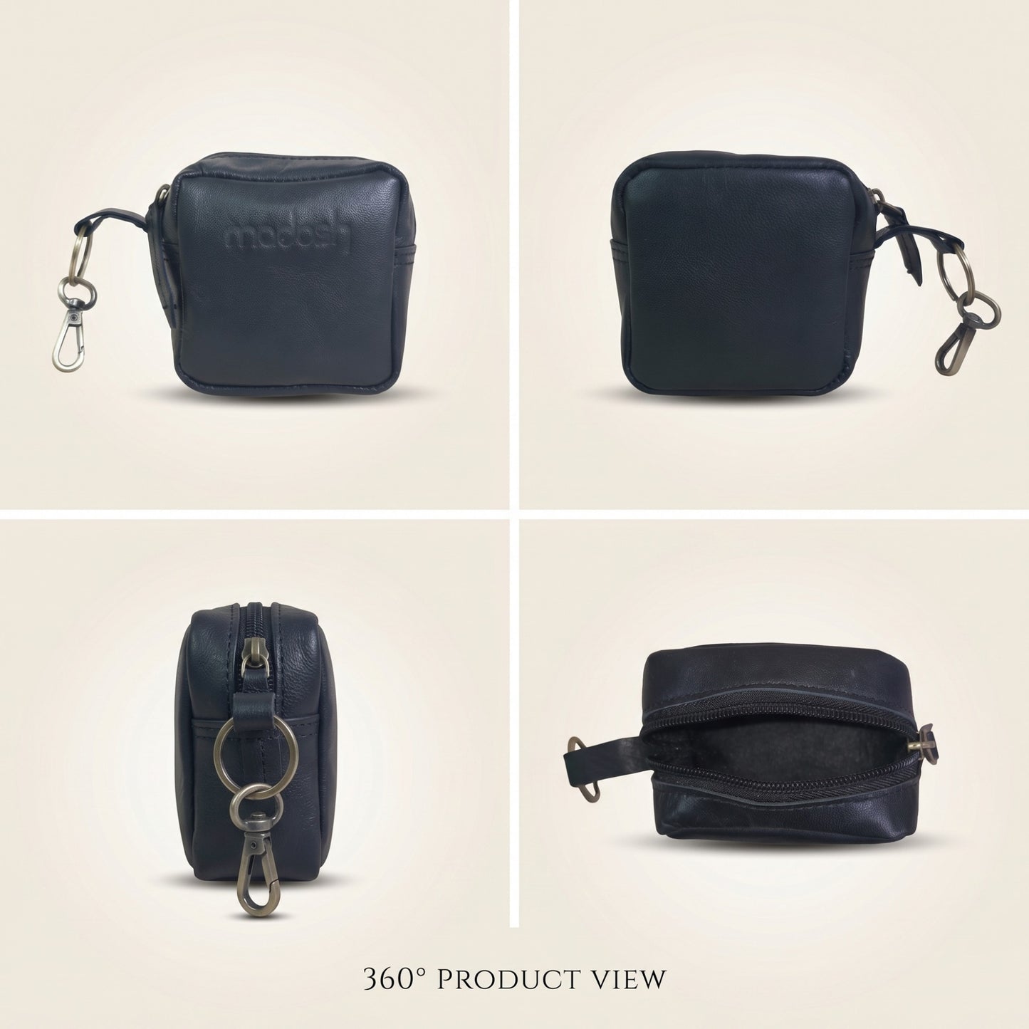 Genuine Leather Small Pouch with Zipper, Compact Key Holder Case with Brass Clip, Mini Storage Bag for Coins, Earbuds and Small Essentials (Black)
