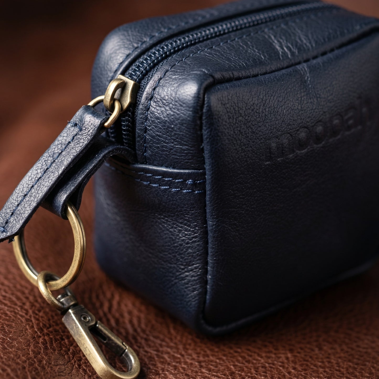 Genuine Leather Small Pouch with Zipper, Compact Key Holder Case with Brass Clip, Mini Storage Bag for Coins, Earbuds and Small Essentials (Black)