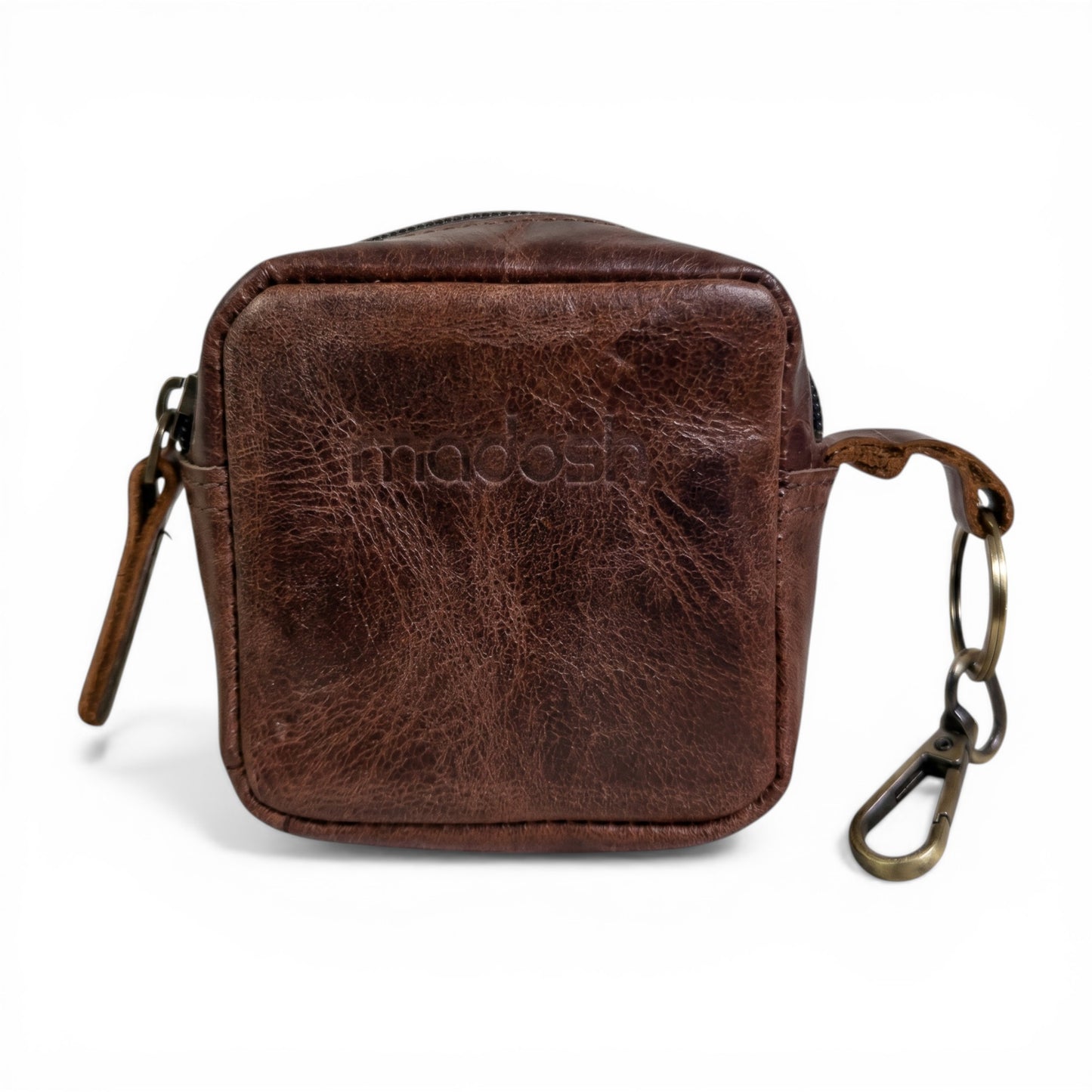 Genuine Leather Small Pouch with Zipper, Compact Key Holder Case with Brass Clip, Mini Storage Bag for Coins, Earbuds and Small Essentials (Dark Brown)