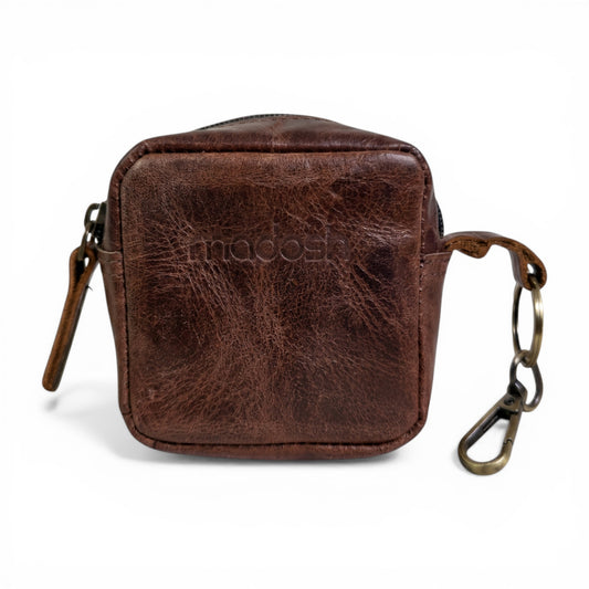 Genuine Leather Small Pouch with Zipper, Compact Key Holder Case with Brass Clip, Mini Storage Bag for Coins, Earbuds and Small Essentials (Dark Brown)