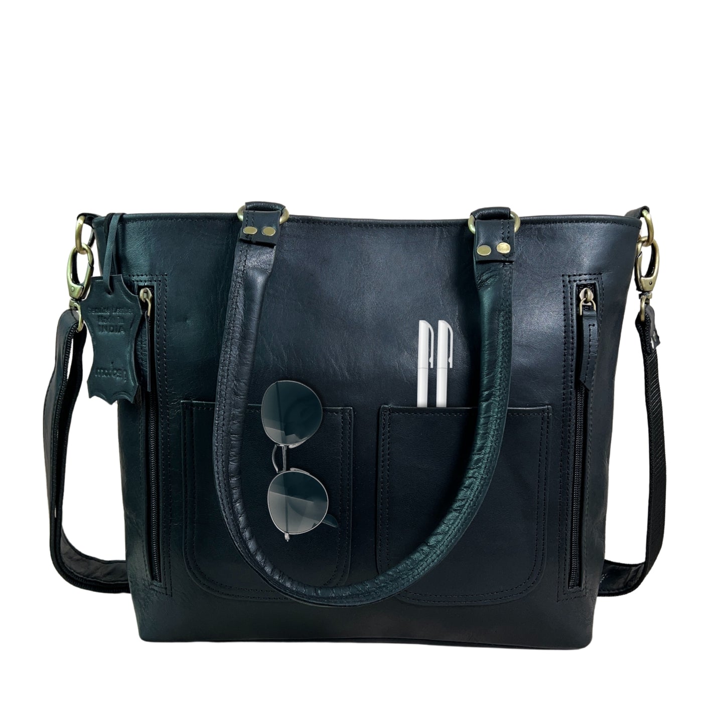 Madosh Women's Genuine Leather Tote Bag | Multi-Pocket Shoulder Bag | Adjustable & Detachable Strap | Elegant Everyday Handbag for Work & Travel (Black)